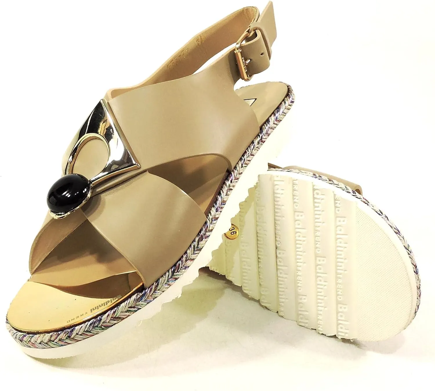 Baldinini Women's Beige Soft Leather Comfort Flat Summer Sandals with Woven Sole, Ankle Strap