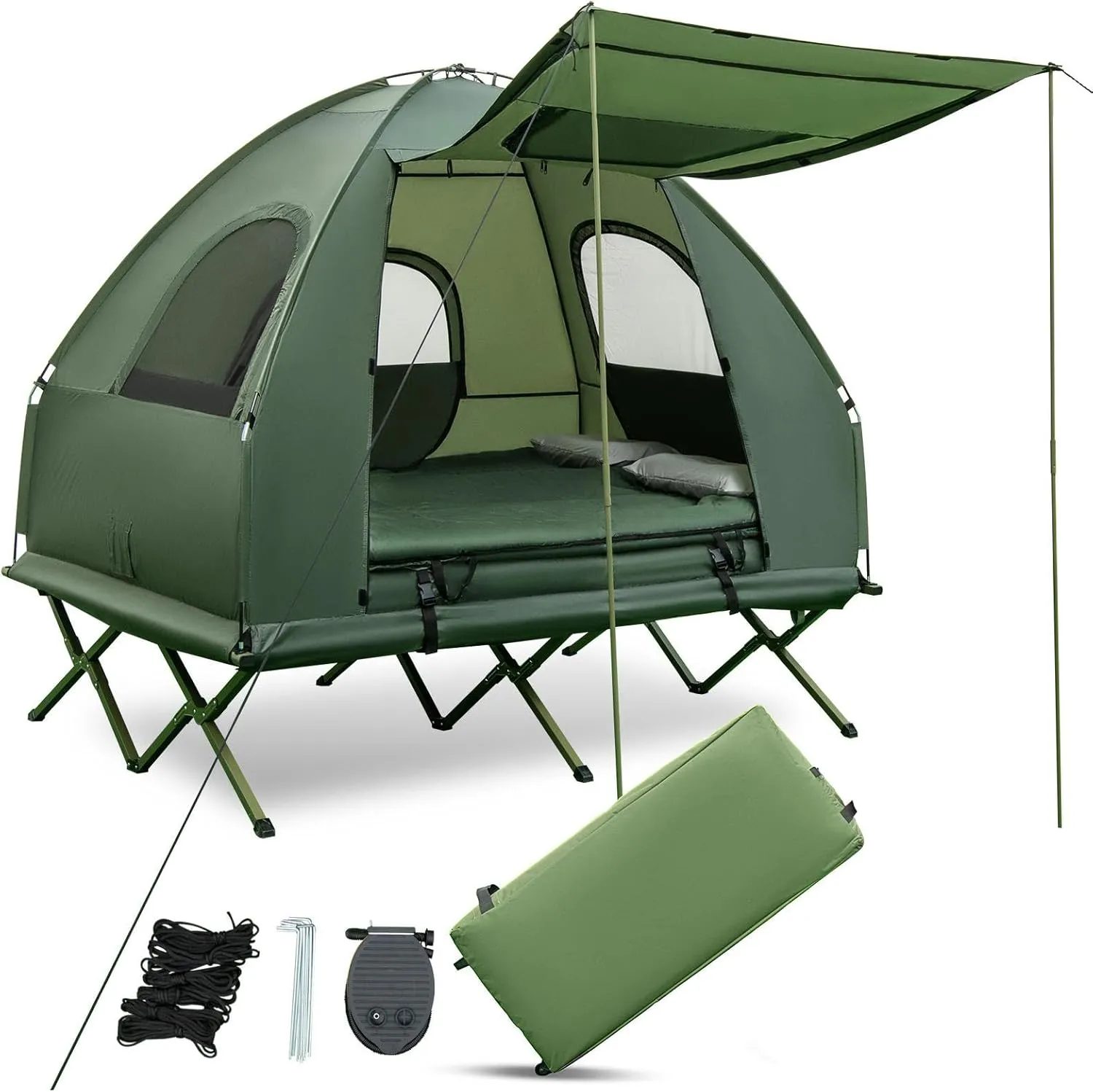 BANGTANE Tent Cot for Camping 2-Person, All-in-1 Folding Tent Combo w/Air Mattress, 2 Sleeping Bags, Carry Bag & Foot Pump, Off Ground Travel Cot for Hiking, Backpacking, Fishing & Picnic