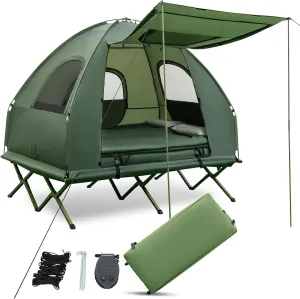 BANGTANE Tent Cot for Camping 2-Person, All-in-1 Folding Tent Combo w/Air Mattress, 2 Sleeping Bags, Carry Bag & Foot Pump, Off Ground Travel Cot for Hiking, Backpacking, Fishing & Picnic
