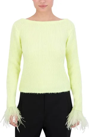 BCBGMAXAZRIA Women's Boat Neck Long Sleeve Feather Cuff Sweater Top