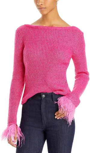 BCBGMAXAZRIA Women's Boat Neck Long Sleeve Feather Cuff Sweater Top