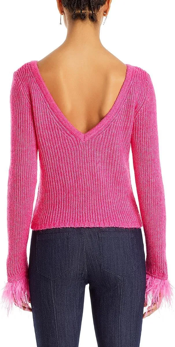 BCBGMAXAZRIA Women's Boat Neck Long Sleeve Feather Cuff Sweater Top