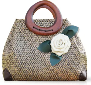 Beach Bag, Boho Handmade Rattan Handbag, Round Bamboo Handle and Silk Flower, Summer Large Straw Retro patternTote Bag for Beach Vacation Daily(Brown)