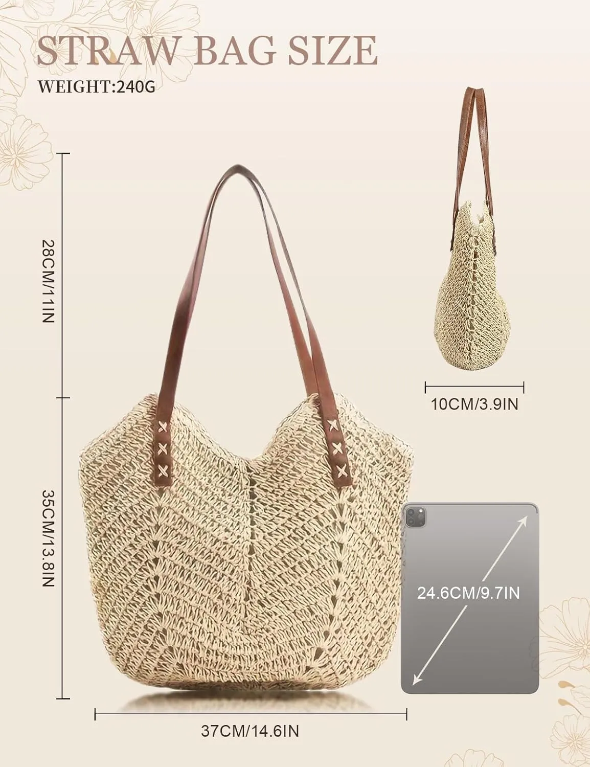 Beach Bags for Women with Zipper, Large Straw Bag Woven Tote Bag Straw Shoulder Bag for Summer Vocation