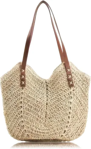 Beach Bags for Women with Zipper, Large Straw Bag Woven Tote Bag Straw Shoulder Bag for Summer Vocation