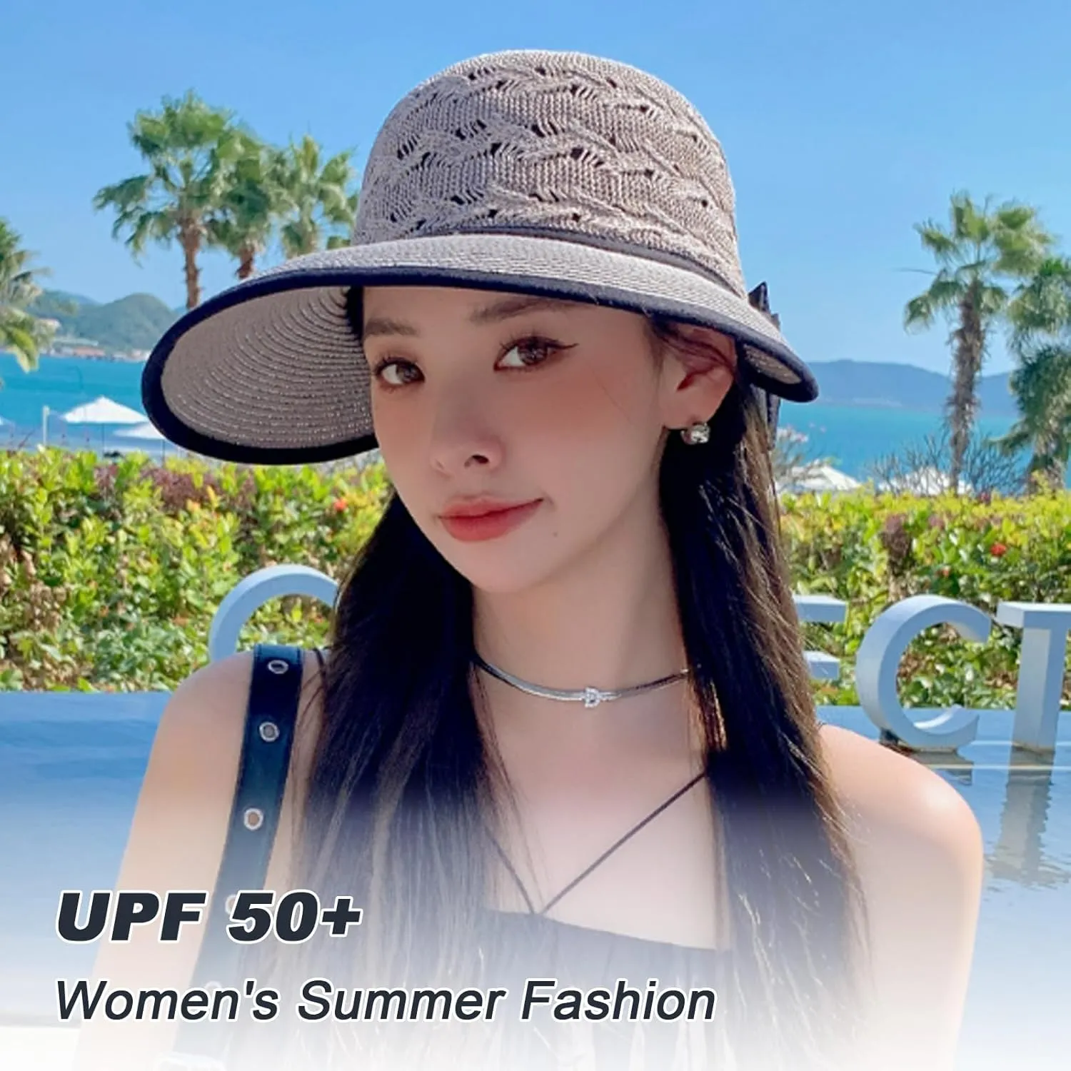 Beach Hats for Women, Straw Sun Hat Wide Brim Sun Hat Women Summer Hats for Women Sun Protection Packable 2024 Black