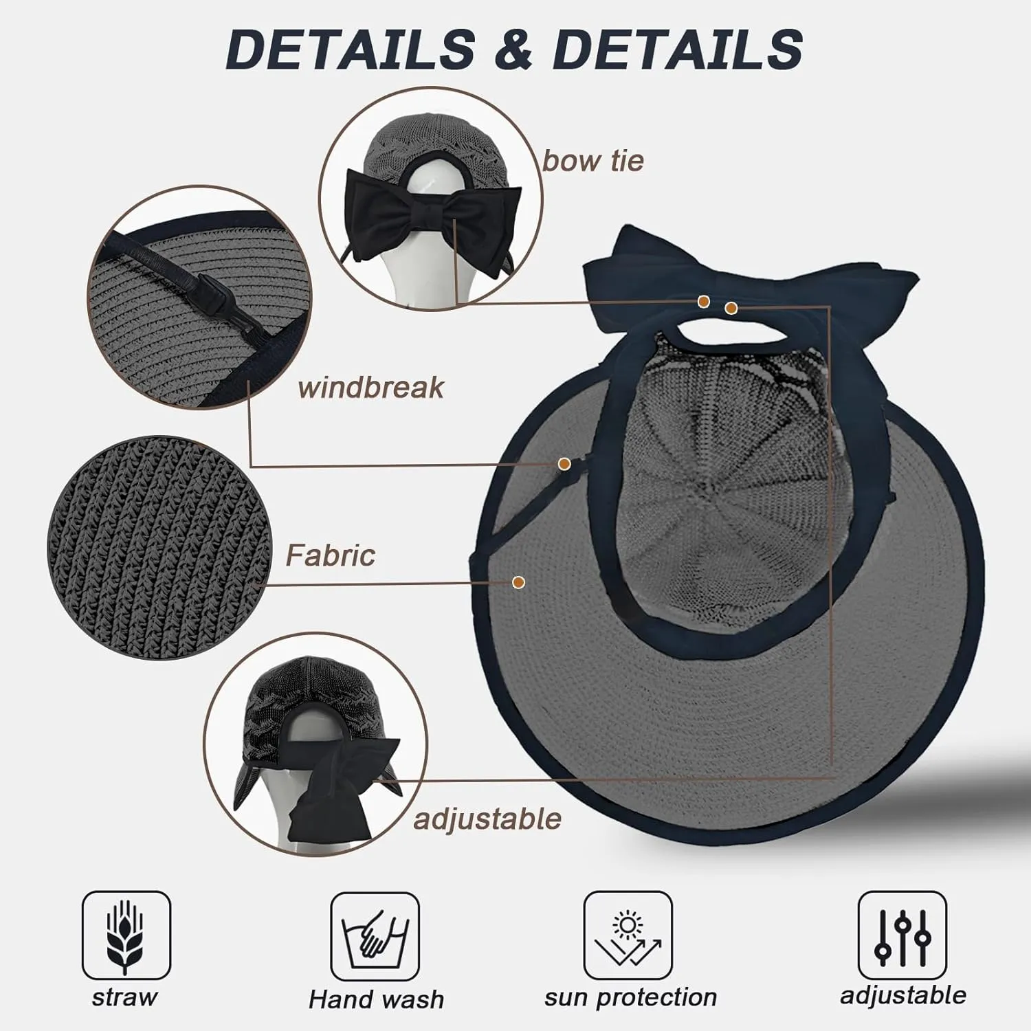 Beach Hats for Women, Straw Sun Hat Wide Brim Sun Hat Women Summer Hats for Women Sun Protection Packable 2024 Black