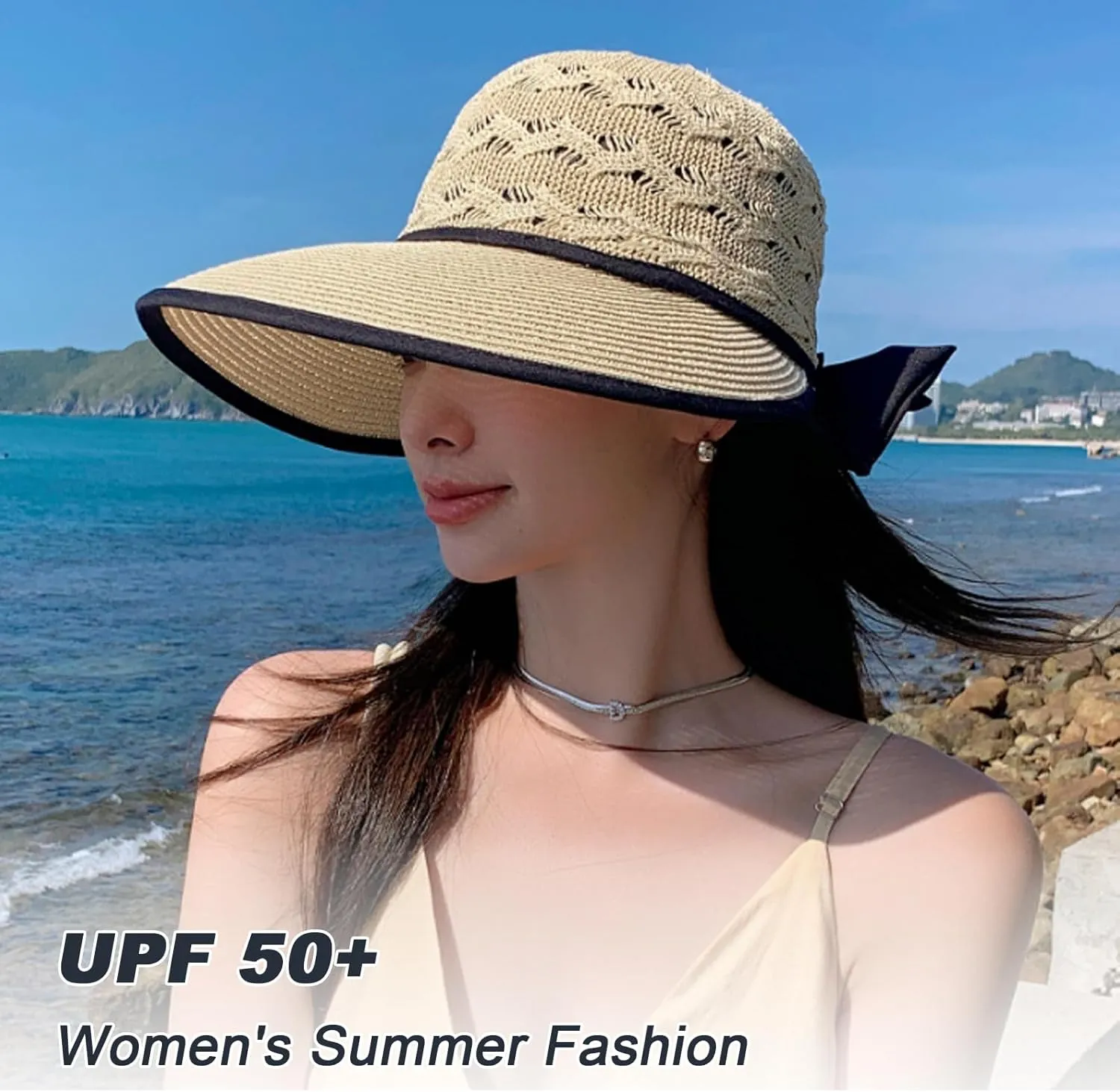 Beach Hats for Women, Straw Sun Hat Wide Brim Sun Hat Women Summer Hats for Women Sun Protection Packable 2024 Black