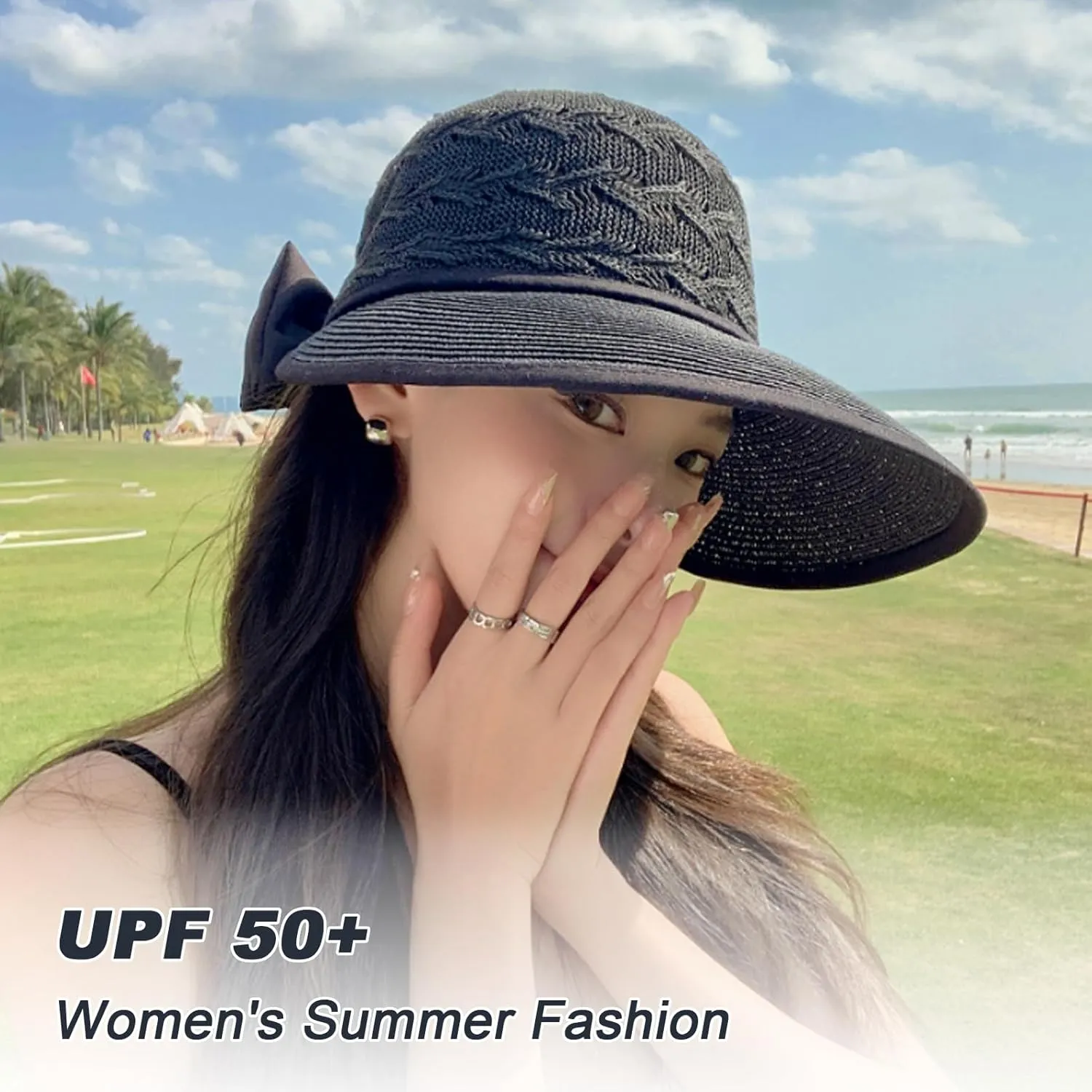 Beach Hats for Women, Straw Sun Hat Wide Brim Sun Hat Women Summer Hats for Women Sun Protection Packable 2024 Black