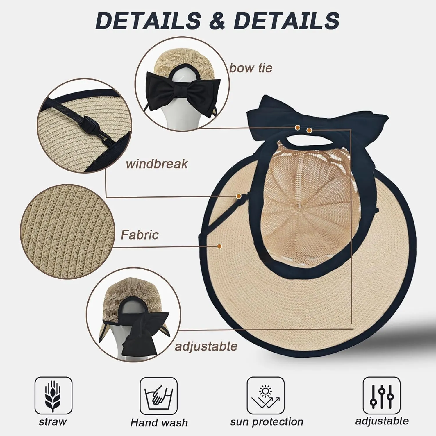 Beach Hats for Women, Straw Sun Hat Wide Brim Sun Hat Women Summer Hats for Women Sun Protection Packable 2024 Black