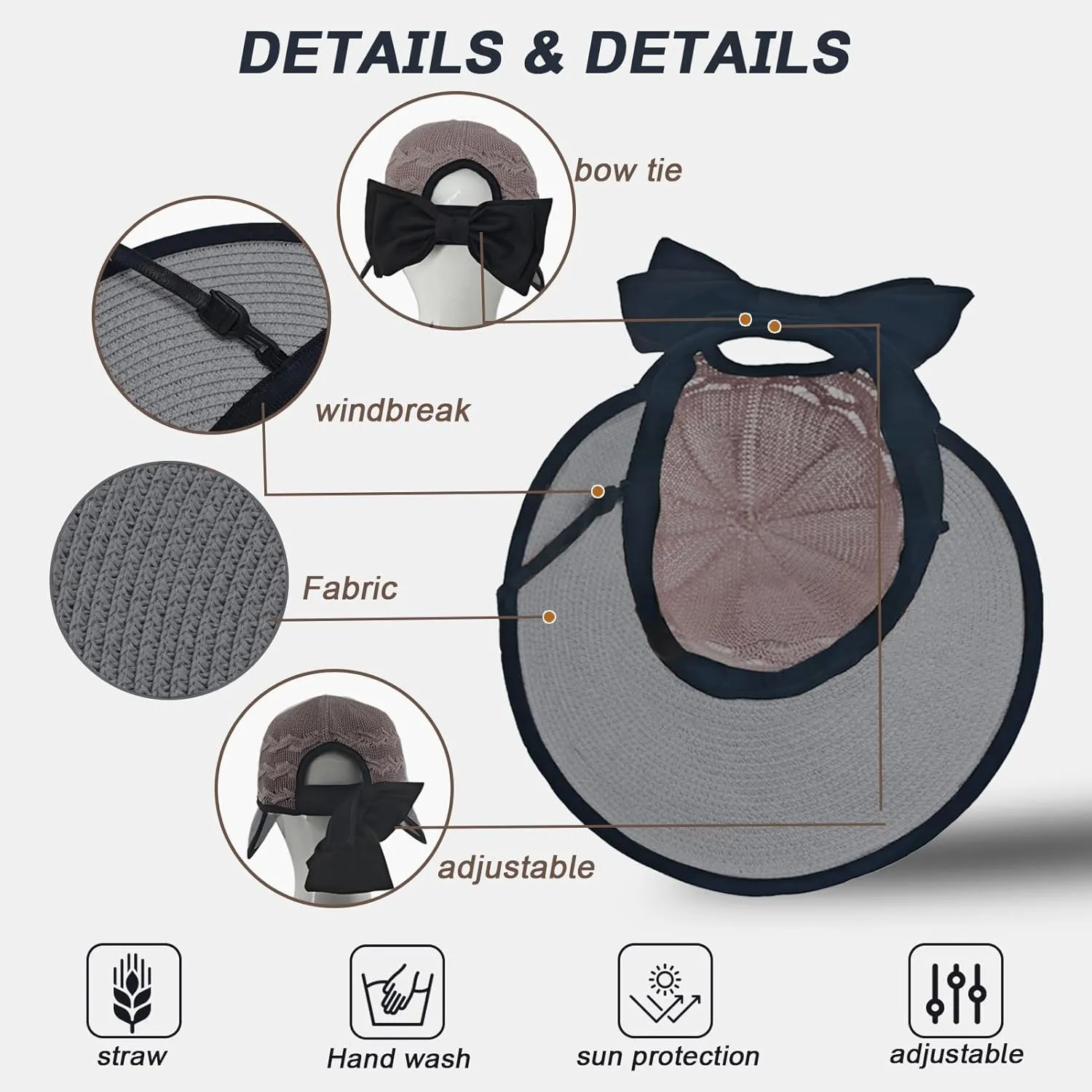 Beach Hats for Women, Straw Sun Hat Wide Brim Sun Hat Women Summer Hats for Women Sun Protection Packable 2024 Black