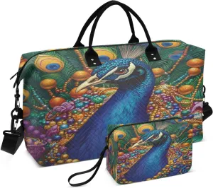 Beaded Peacock Feather Sports Gym Bag for Women Men Travel Duffel Bag Weekend Overnight Carry on Bag with Toiletry Bag Air Travel Bag for Workout Swimming Yoga Plane Hospital