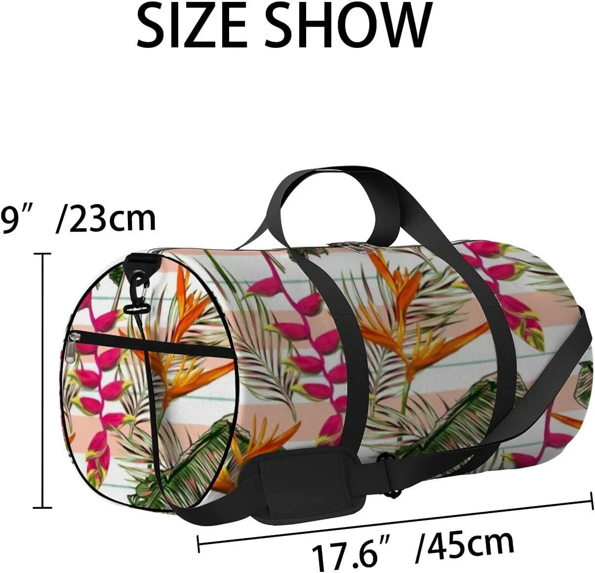 Beautiful Tropical Exotic Flowers Palm Leaves Sports Duffel Bag Travel Gym Tote Bags Lightweight Durable Shoulder Strap Waterproof Polyester Outside Mesh Pocket Overnight Trip Duffel Bag for Women Men