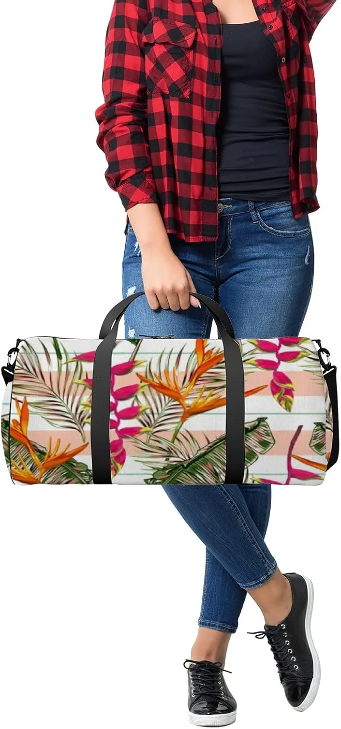 Beautiful Tropical Exotic Flowers Palm Leaves Sports Duffel Bag Travel Gym Tote Bags Lightweight Durable Shoulder Strap Waterproof Polyester Outside Mesh Pocket Overnight Trip Duffel Bag for Women Men