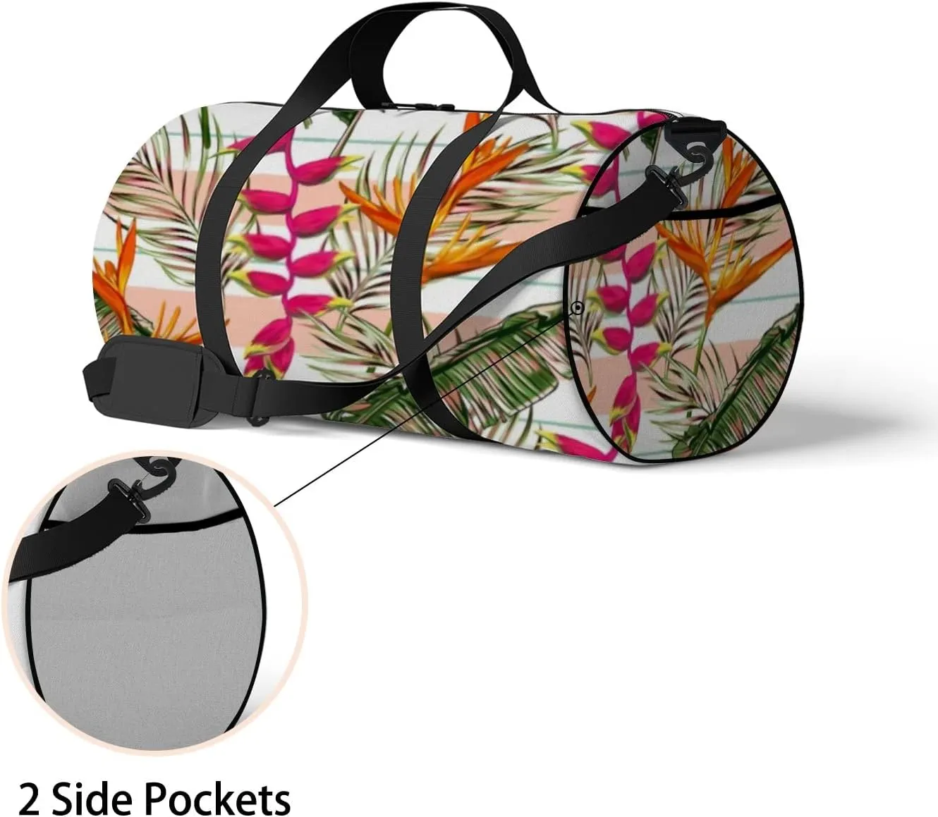 Beautiful Tropical Exotic Flowers Palm Leaves Sports Duffel Bag Travel Gym Tote Bags Lightweight Durable Shoulder Strap Waterproof Polyester Outside Mesh Pocket Overnight Trip Duffel Bag for Women Men