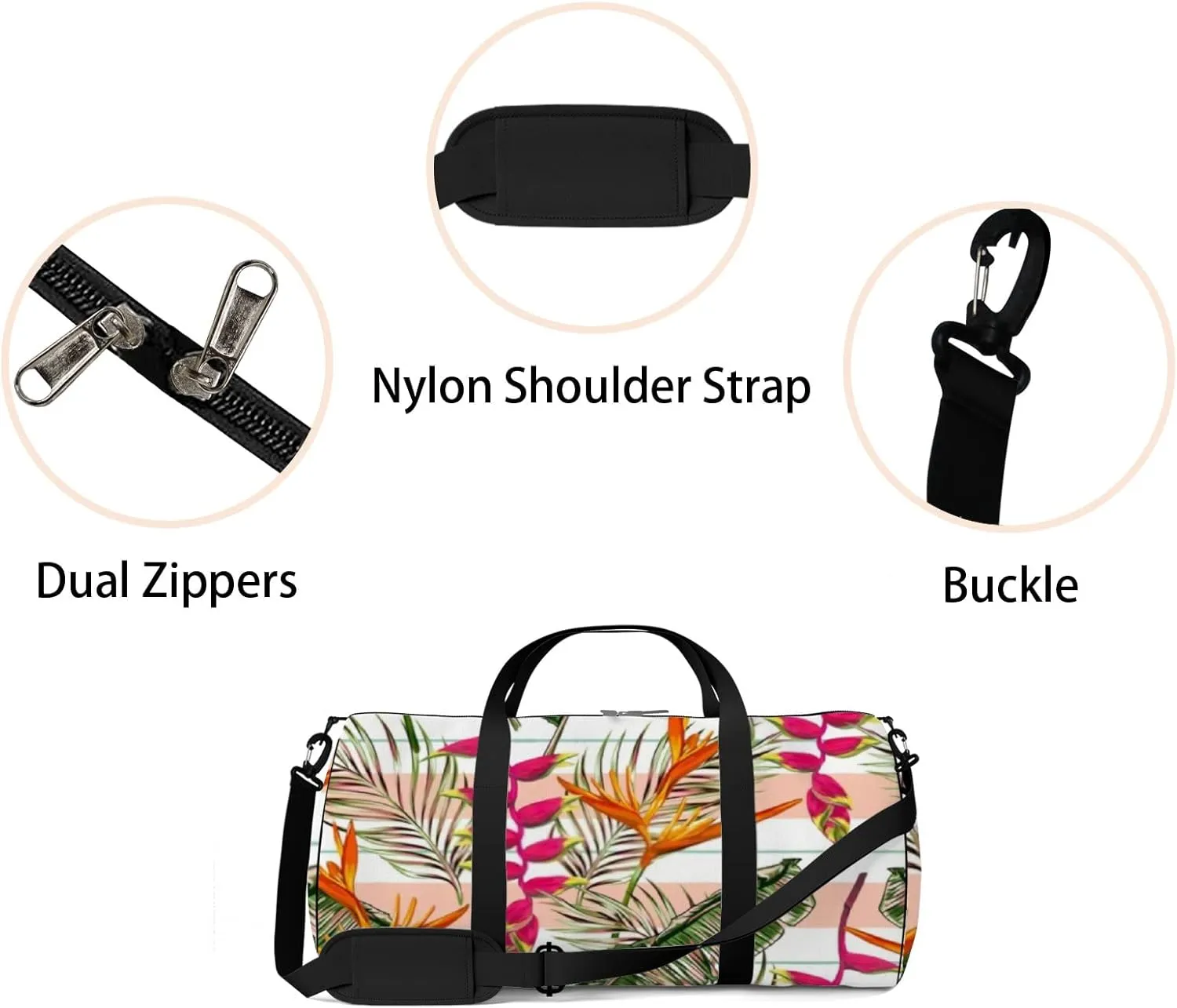 Beautiful Tropical Exotic Flowers Palm Leaves Sports Duffel Bag Travel Gym Tote Bags Lightweight Durable Shoulder Strap Waterproof Polyester Outside Mesh Pocket Overnight Trip Duffel Bag for Women Men