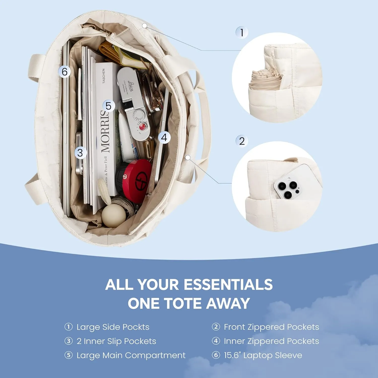 befen Laptop Tote Bag for Women Work, Travel Tote Bags Nurse Puffer Quilted Handbags, Lightweight Waterproof Beach Purse
