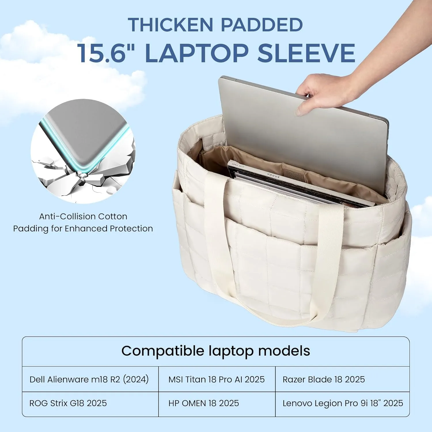 befen Laptop Tote Bag for Women Work, Travel Tote Bags Nurse Puffer Quilted Handbags, Lightweight Waterproof Beach Purse