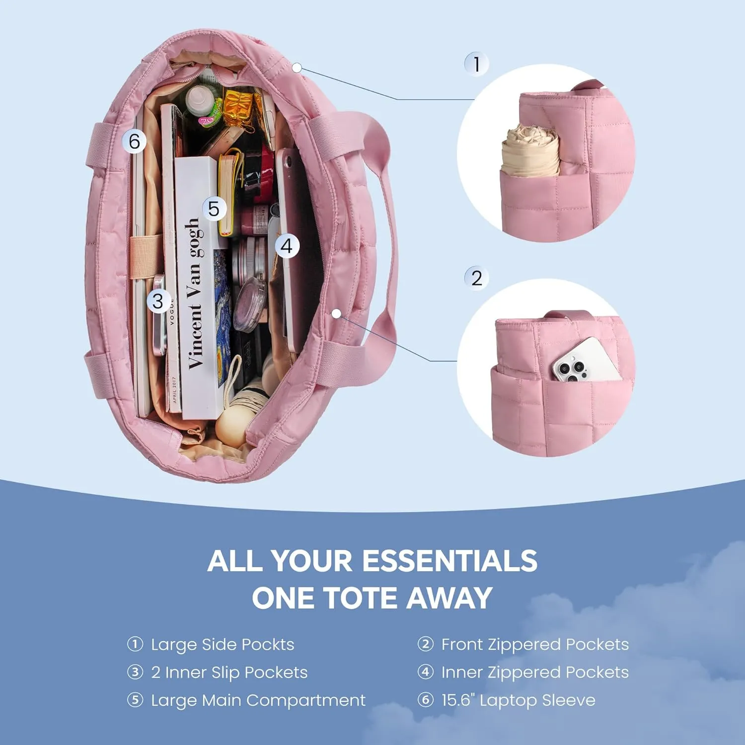 befen Laptop Tote Bag for Women Work, Travel Tote Bags Nurse Puffer Quilted Handbags, Lightweight Waterproof Beach Purse