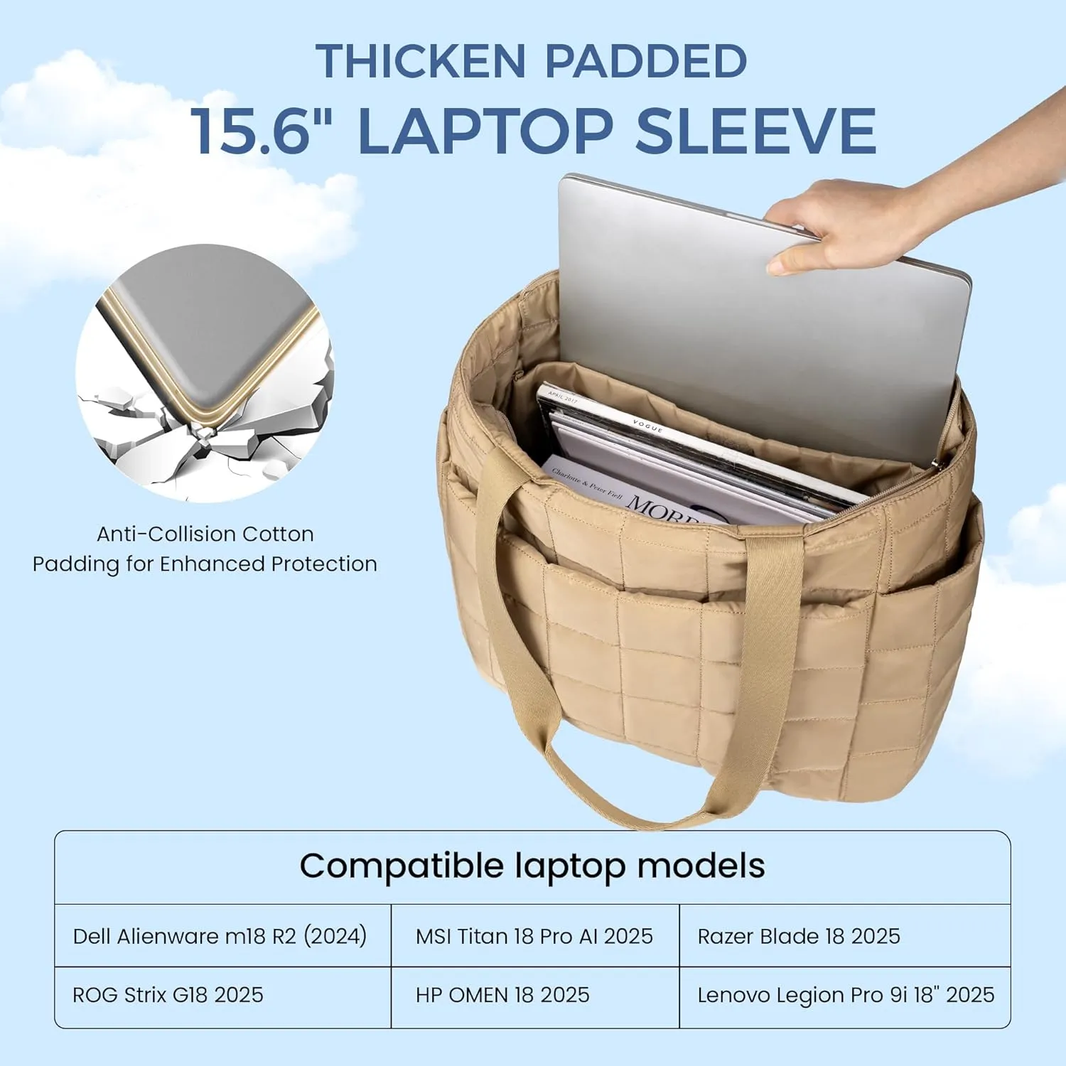 befen Laptop Tote Bag for Women Work, Travel Tote Bags Nurse Puffer Quilted Handbags, Lightweight Waterproof Beach Purse