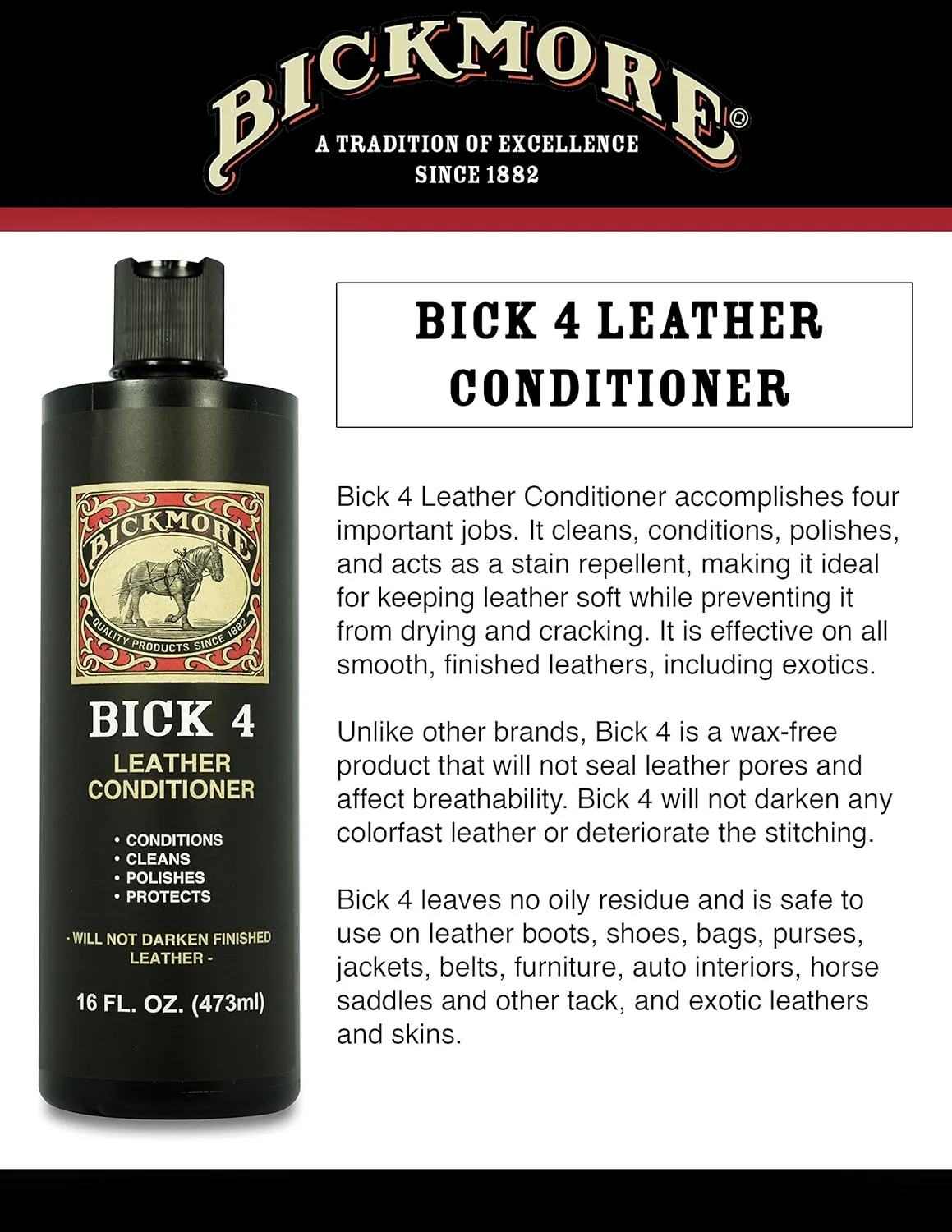 Bick 4 Leather Conditioner and Leather Cleaner 16 oz - Will Not Darken Leather - Safe For All Leather Apparel, Furniture, Jackets, Shoes, Auto Interiors, Bags & All Other Leather Accessories