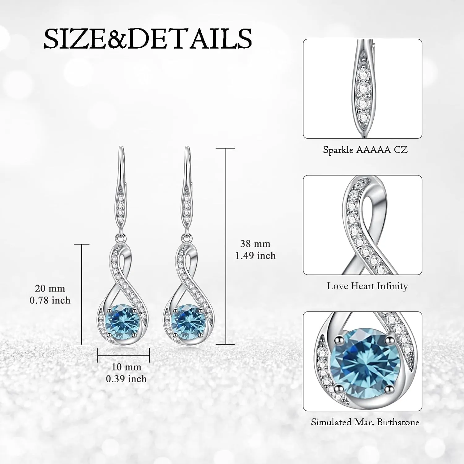 Birthstone Infinity Dangle Earrings for Women 925 Sterling Silver Infinity Leverback Earrings with Birthstone Jewelry Gifts Luxury Packaged