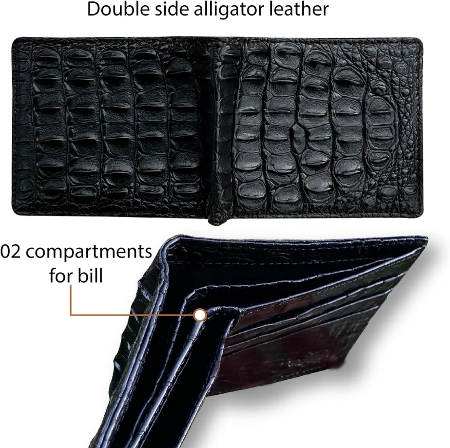 Black Alligator BellyHornback Leather Bifold Wallet Double Side RFID Blocking Front Pocket Security Crocodile Exotic Leather Luxury Wallet With Flip-out ID Window Classic Handmade Gift For Men