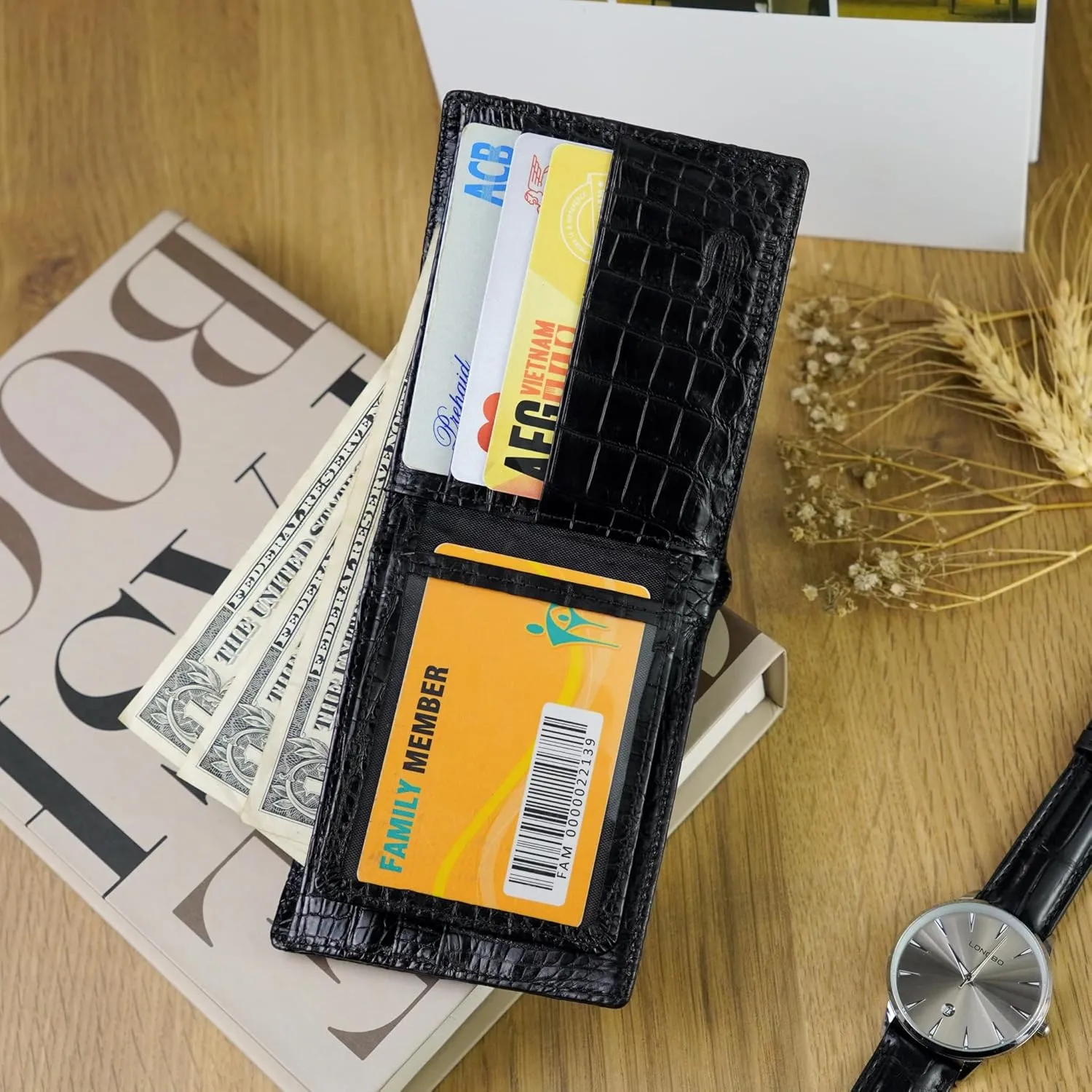 Black Alligator BellyHornback Leather Bifold Wallet Double Side RFID Blocking Front Pocket Security Crocodile Exotic Leather Luxury Wallet With Flip-out ID Window Classic Handmade Gift For Men