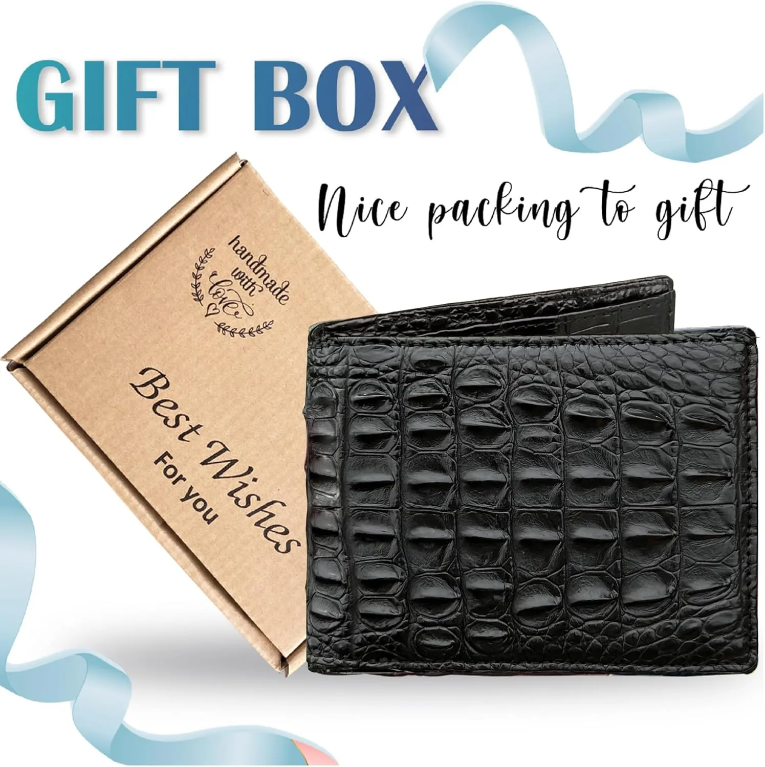 Black Alligator BellyHornback Leather Bifold Wallet Double Side RFID Blocking Front Pocket Security Crocodile Exotic Leather Luxury Wallet With Flip-out ID Window Classic Handmade Gift For Men