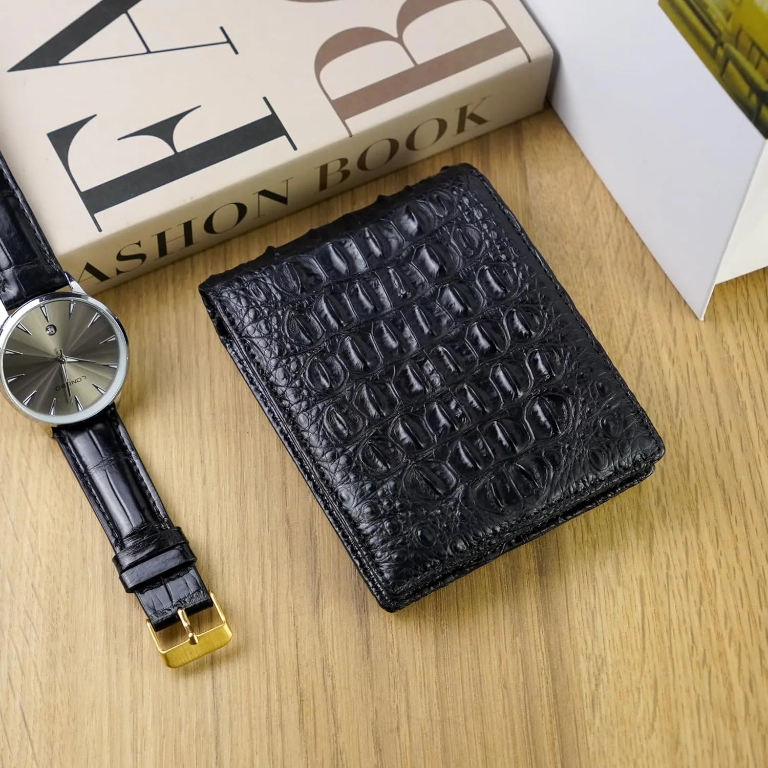 Black Alligator BellyHornback Leather Bifold Wallet Double Side RFID Blocking Front Pocket Security Crocodile Exotic Leather Luxury Wallet With Flip-out ID Window Classic Handmade Gift For Men