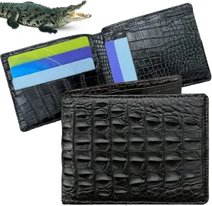 Black Alligator BellyHornback Leather Bifold Wallet Double Side RFID Blocking Front Pocket Security Crocodile Exotic Leather Luxury Wallet With Flip-out ID Window Classic Handmade Gift For Men
