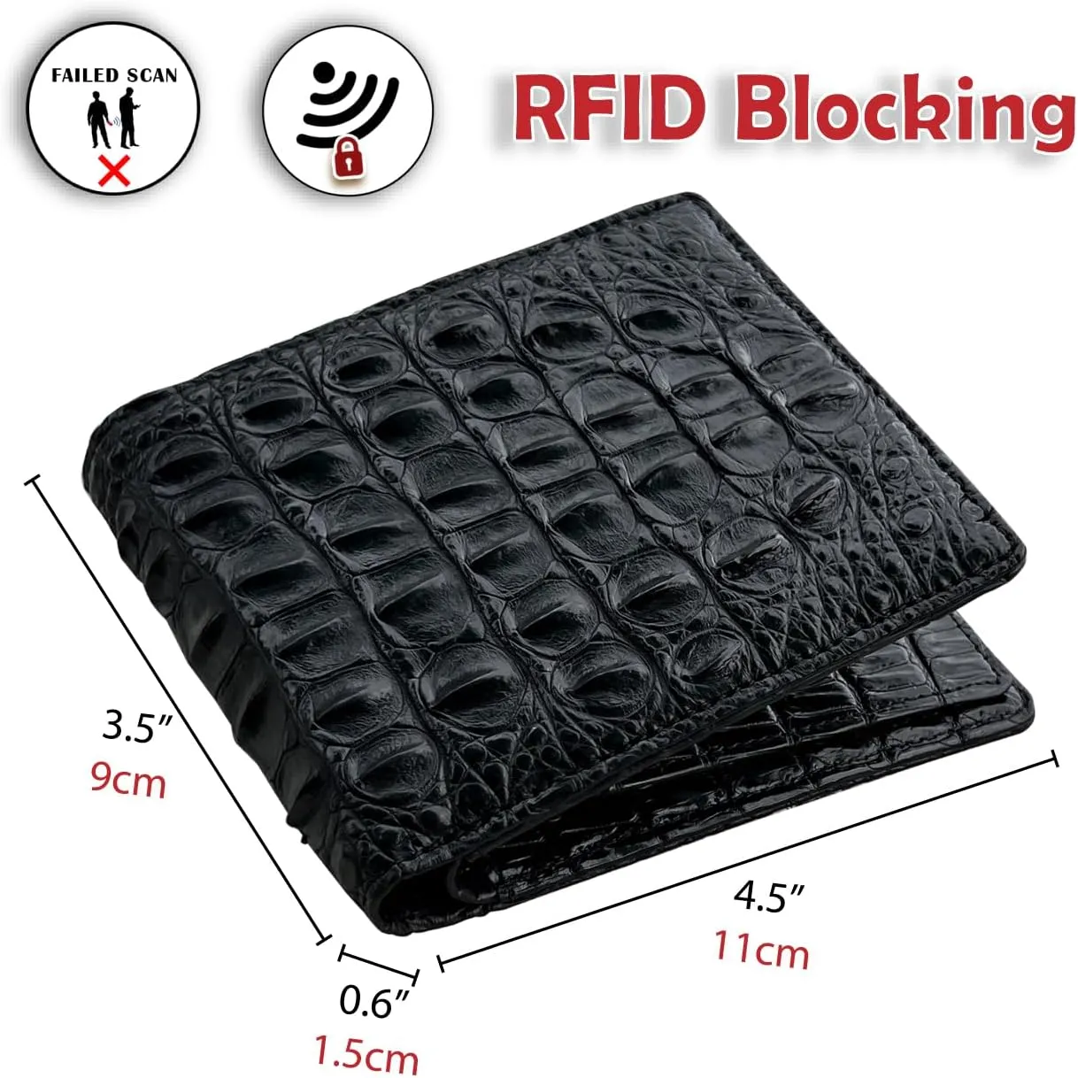 Black Alligator BellyHornback Leather Bifold Wallet Double Side RFID Blocking Front Pocket Security Crocodile Exotic Leather Luxury Wallet With Flip-out ID Window Classic Handmade Gift For Men
