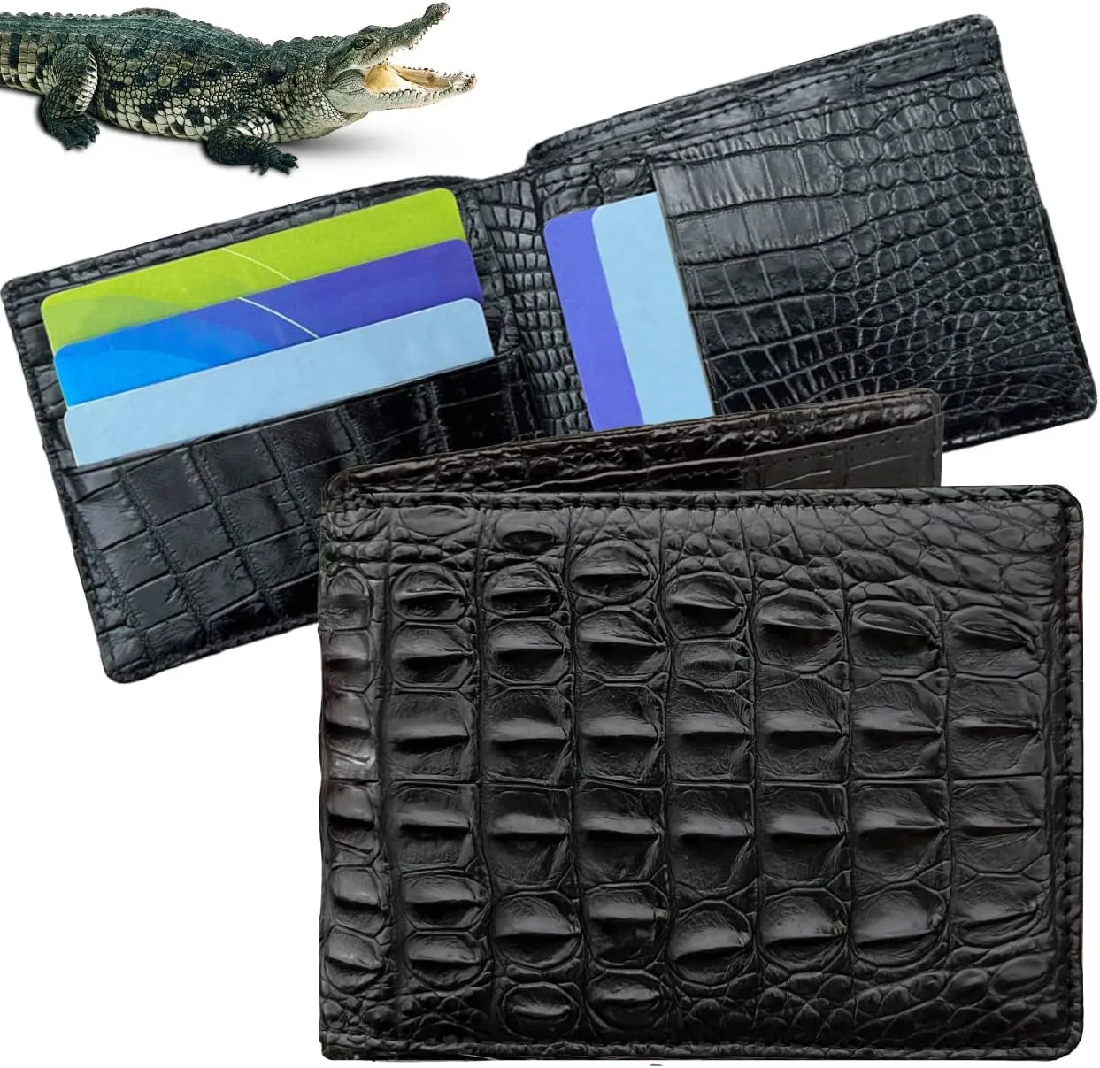Black Alligator BellyHornback Leather Bifold Wallet Double Side RFID Blocking Front Pocket Security Crocodile Exotic Leather Luxury Wallet With Flip-out ID Window Classic Handmade Gift For Men