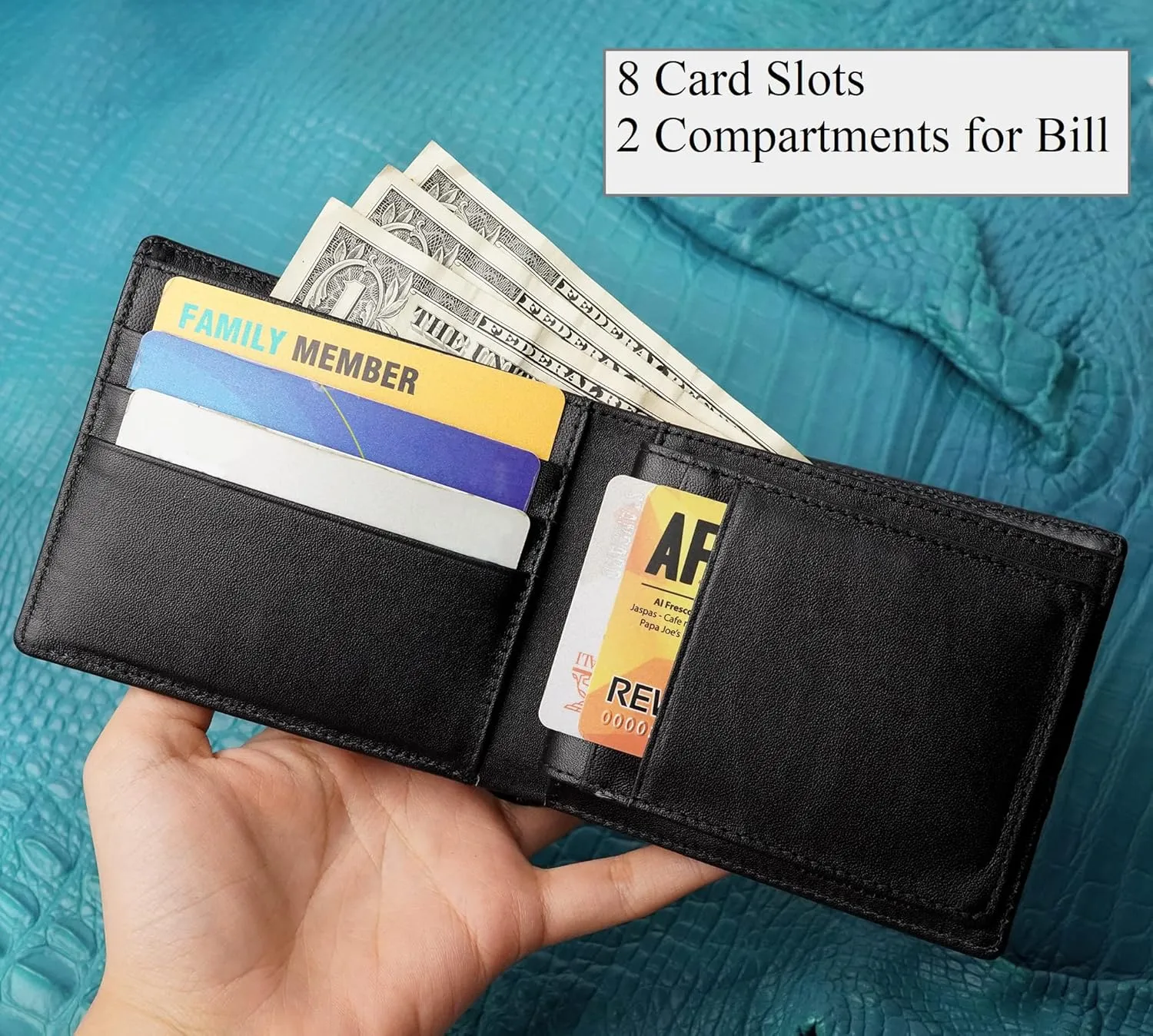 Black Alligator Tail Leather Bifold Wallet Double Side RFID Blocking Front Pocket Security Crocodile Exotic Leather Luxury Wallet With Flip-out ID Window Classic Handmade Gift For Men