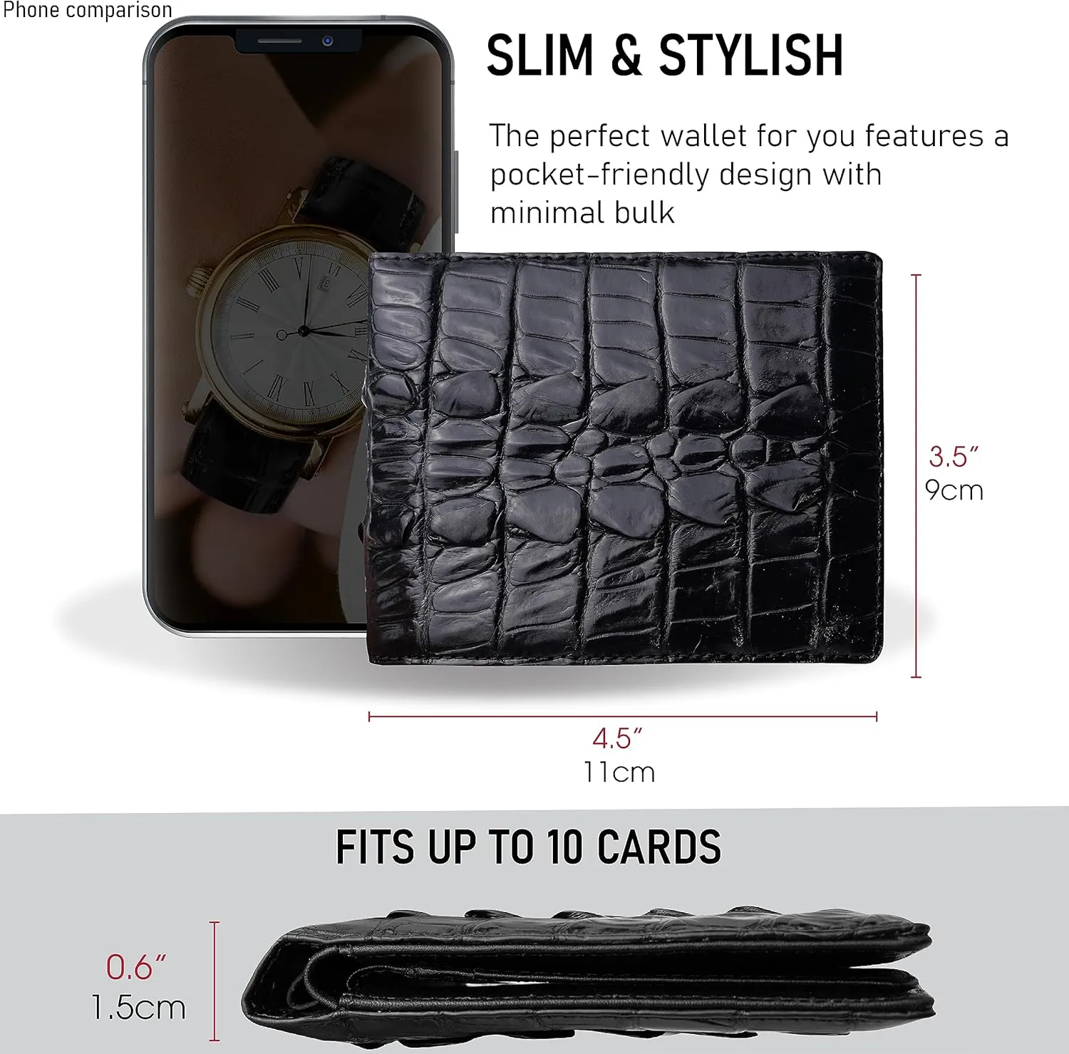 Black Alligator Tail Leather Bifold Wallet Double Side RFID Blocking Front Pocket Security Crocodile Exotic Leather Luxury Wallet With Flip-out ID Window Classic Handmade Gift For Men