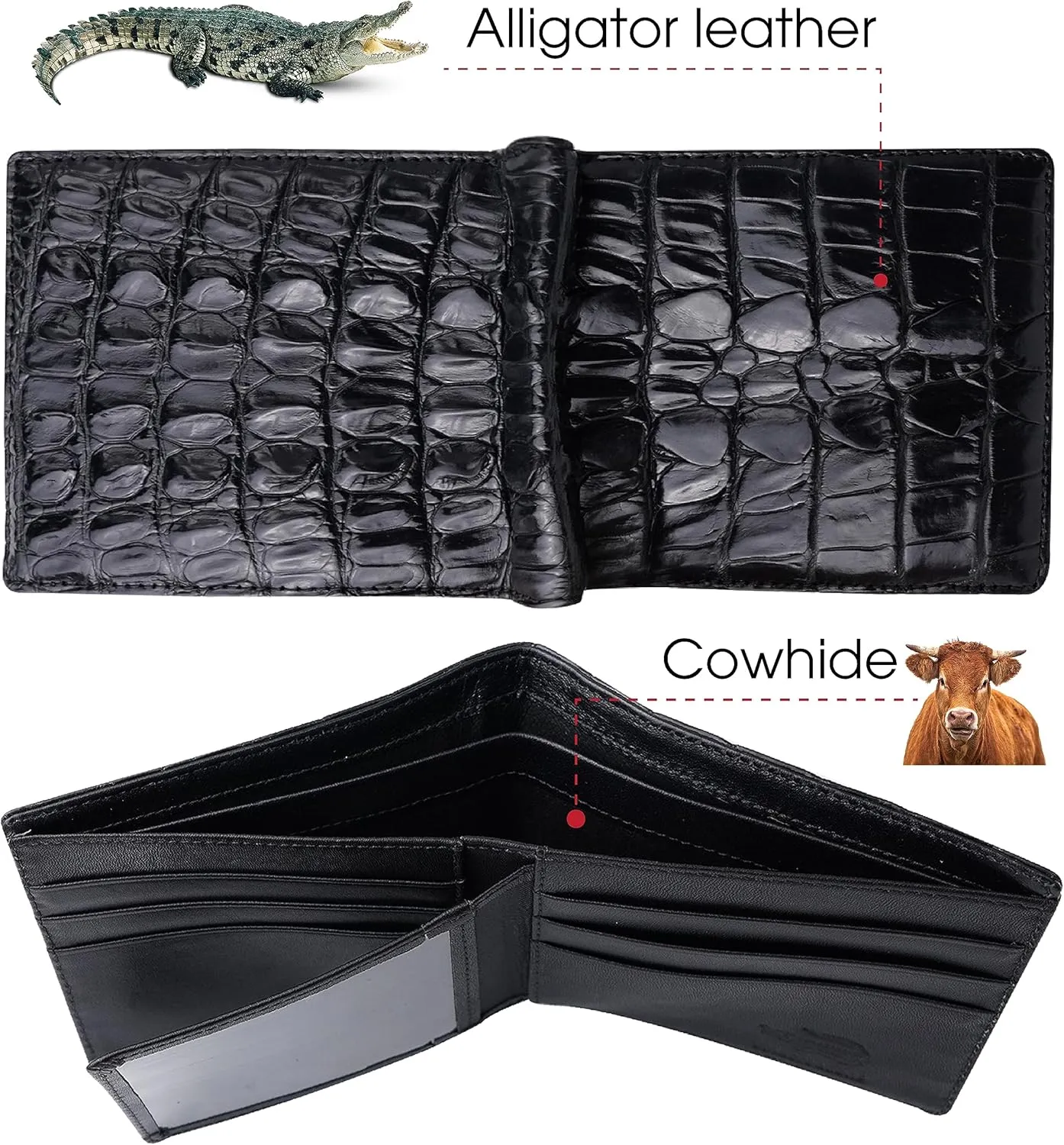 Black Alligator Tail Leather Bifold Wallet Double Side RFID Blocking Front Pocket Security Crocodile Exotic Leather Luxury Wallet With Flip-out ID Window Classic Handmade Gift For Men
