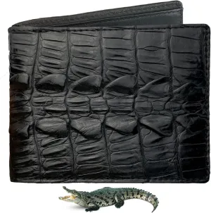 Black Alligator Tail Leather Bifold Wallet Double Side RFID Blocking Front Pocket Security Crocodile Exotic Leather Luxury Wallet With Flip-out ID Window Classic Handmade Gift For Men