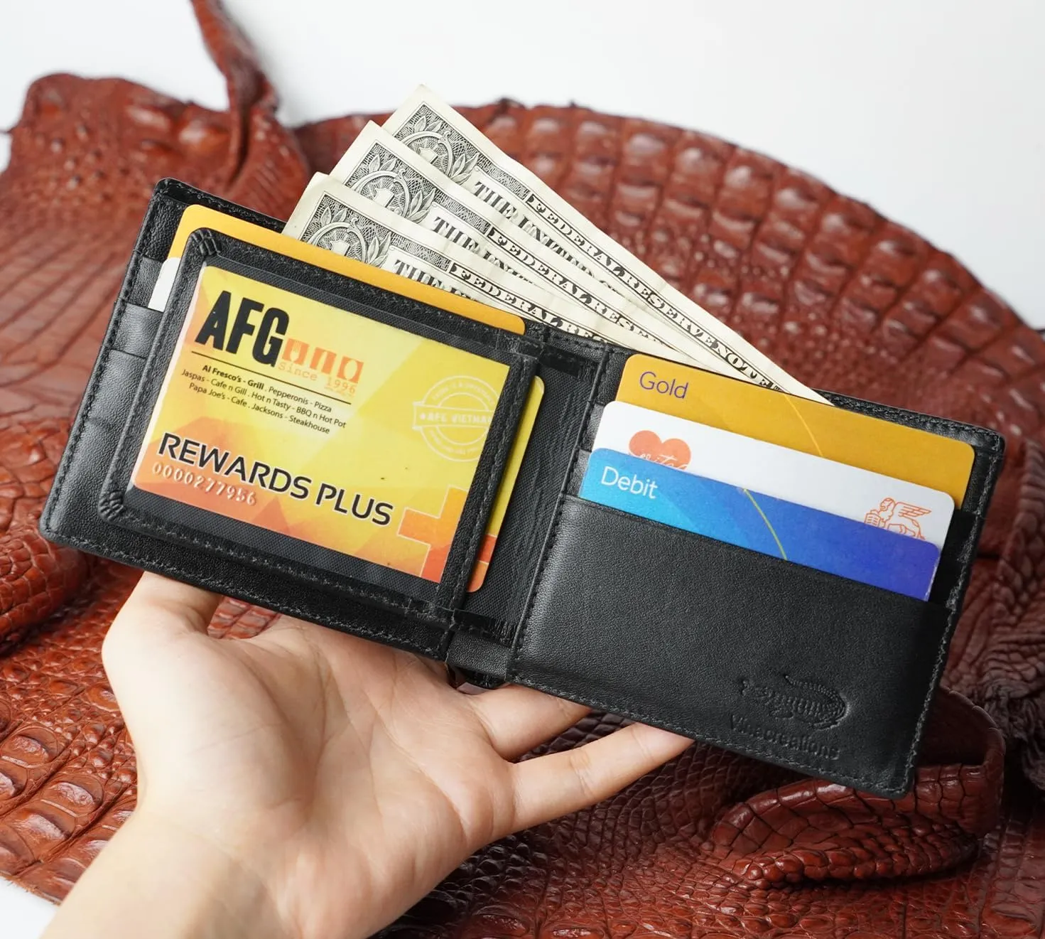 Black Alligator Tail Leather Bifold Wallet Double Side RFID Blocking Front Pocket Security Crocodile Exotic Leather Luxury Wallet With Flip-out ID Window Classic Handmade Gift For Men
