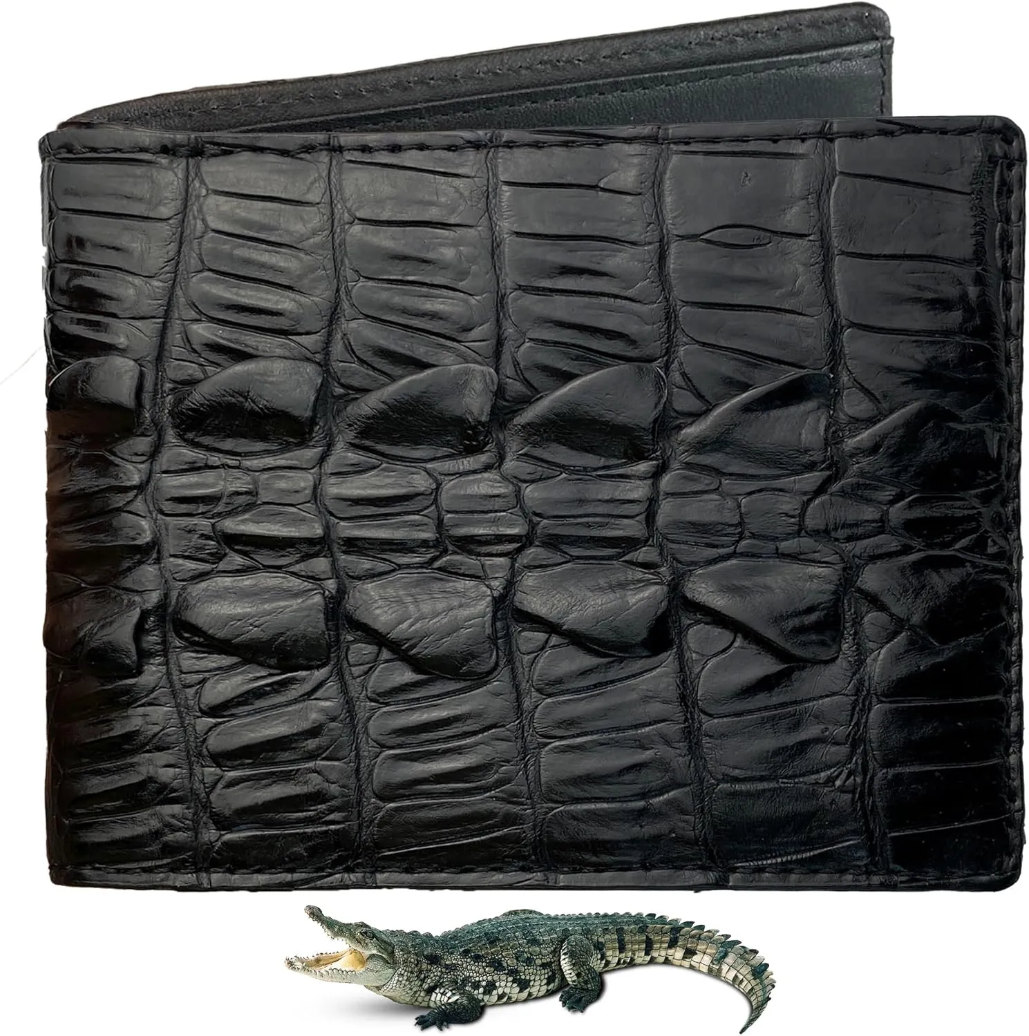Black Alligator Tail Leather Bifold Wallet Double Side RFID Blocking Front Pocket Security Crocodile Exotic Leather Luxury Wallet With Flip-out ID Window Classic Handmade Gift For Men