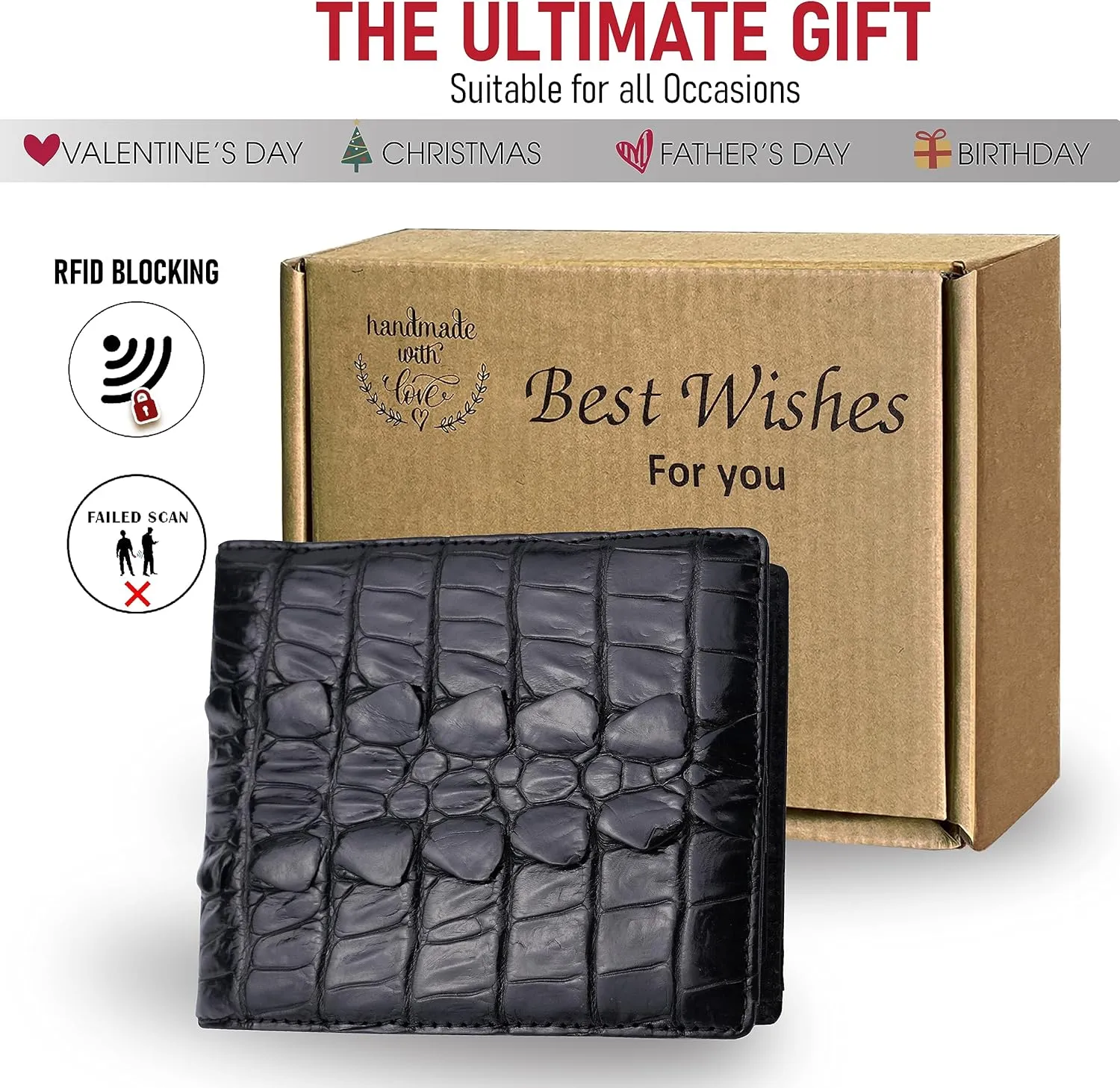Black Alligator Tail Leather Bifold Wallet Double Side RFID Blocking Front Pocket Security Crocodile Exotic Leather Luxury Wallet With Flip-out ID Window Classic Handmade Gift For Men
