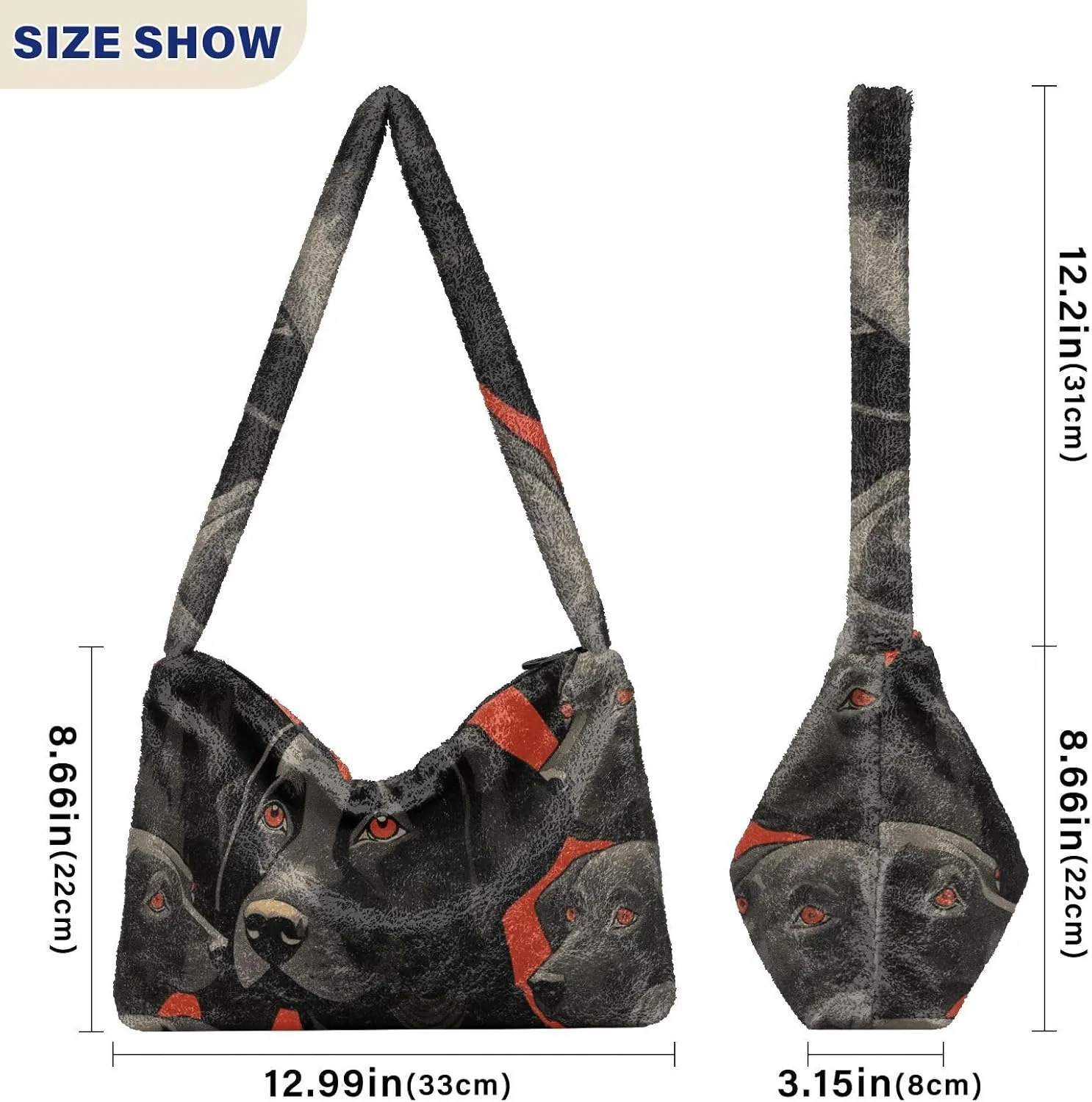 Black Dog on Retro Red Shoulder Tote Bag, Handbag with Zipper, Womens Outdoor Bag