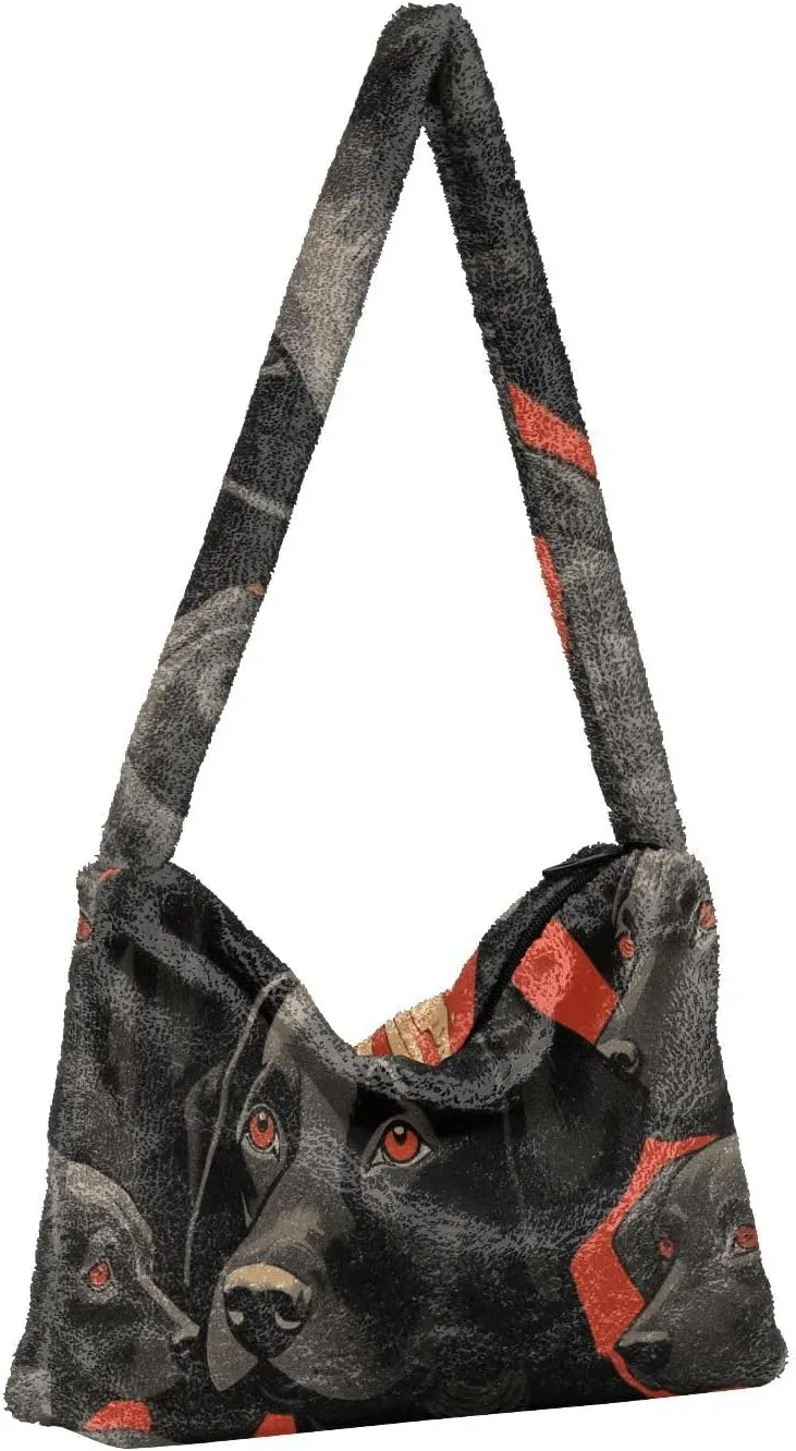 Black Dog on Retro Red Shoulder Tote Bag, Handbag with Zipper, Womens Outdoor Bag