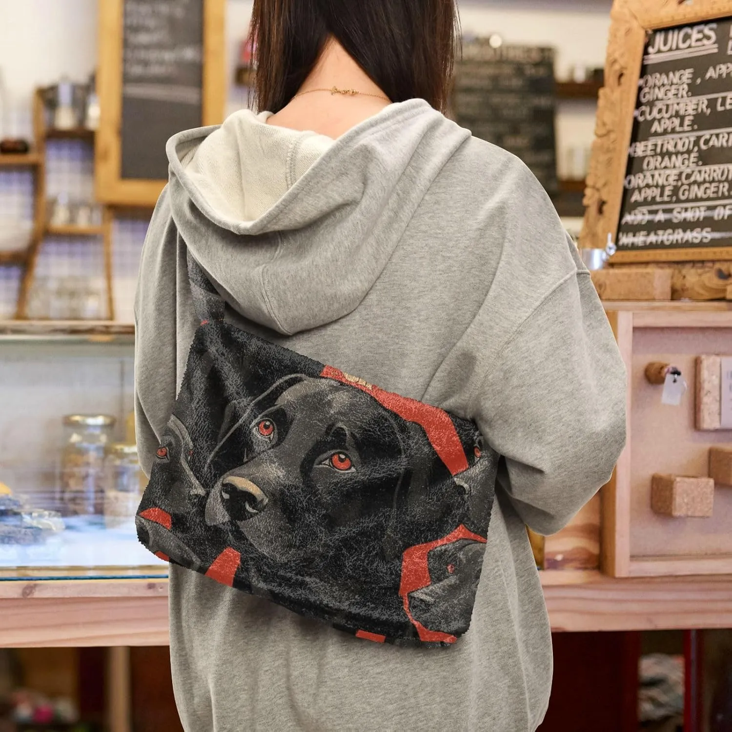 Black Dog on Retro Red Shoulder Tote Bag, Handbag with Zipper, Womens Outdoor Bag