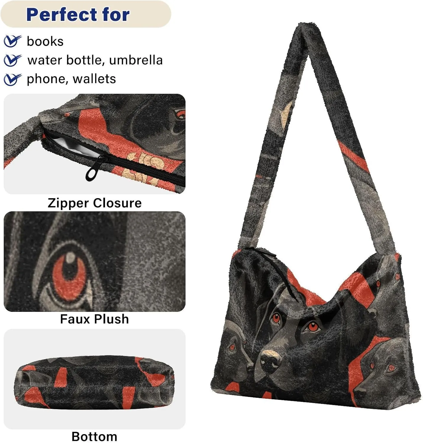 Black Dog on Retro Red Shoulder Tote Bag, Handbag with Zipper, Womens Outdoor Bag