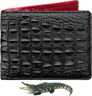 Black - Red Alligator Hornback Leather Bifold Wallet Double Side RFID Blocking Front Pocket Security Crocodile Exotic Leather Luxury Wallet With Flip-out ID Window Classic Handmade Gift Men VINAM-112