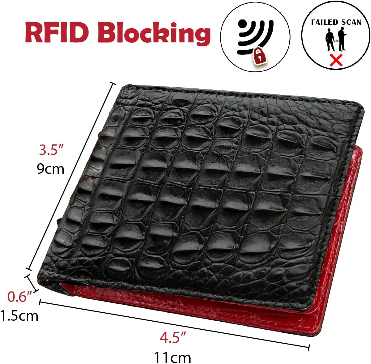 Black - Red Alligator Hornback Leather Bifold Wallet Double Side RFID Blocking Front Pocket Security Crocodile Exotic Leather Luxury Wallet With Flip-out ID Window Classic Handmade Gift Men VINAM-112
