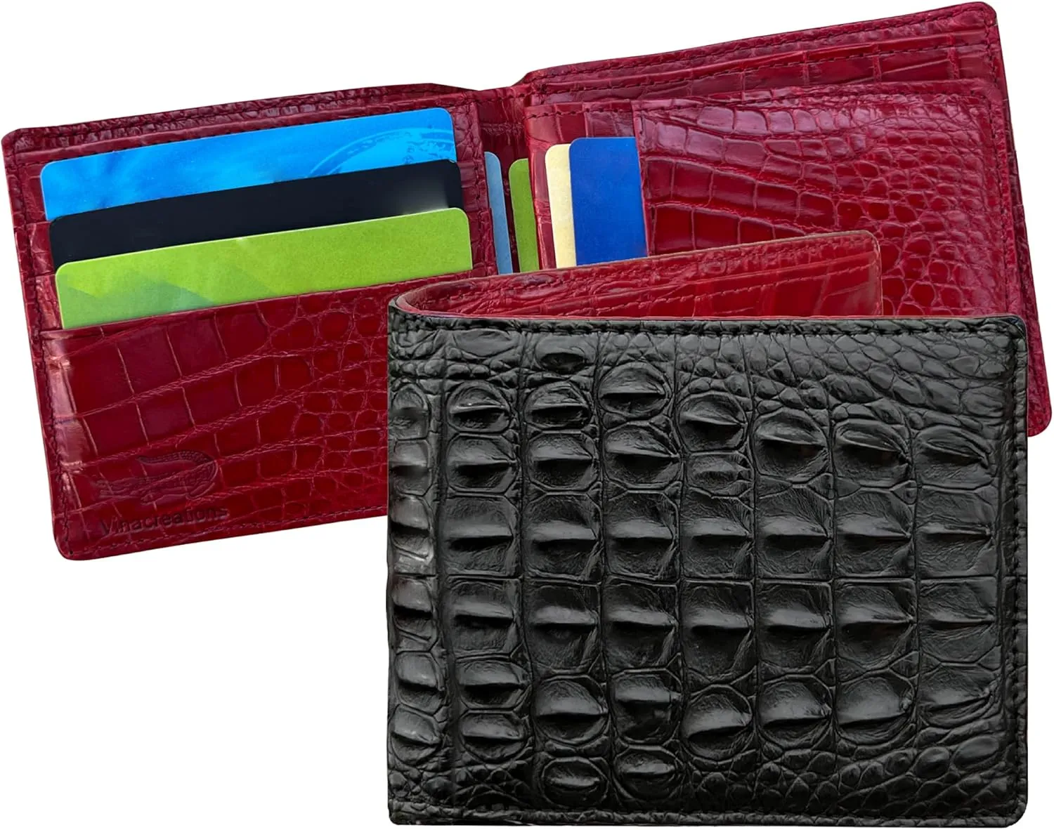 Black - Red Alligator Hornback Leather Bifold Wallet Double Side RFID Blocking Front Pocket Security Crocodile Exotic Leather Luxury Wallet With Flip-out ID Window Classic Handmade Gift Men VINAM-112