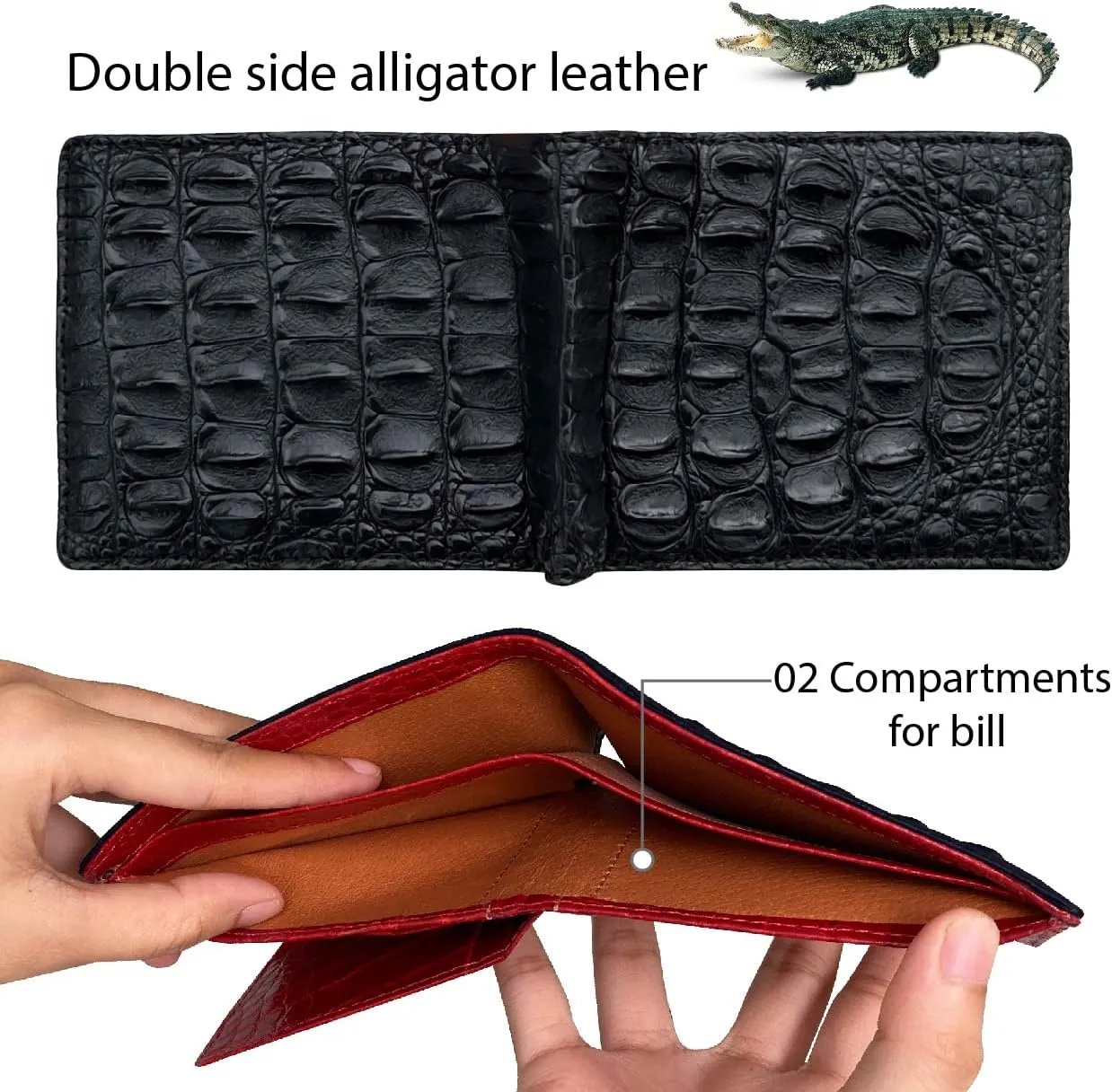 Black - Red Alligator Hornback Leather Bifold Wallet Double Side RFID Blocking Front Pocket Security Crocodile Exotic Leather Luxury Wallet With Flip-out ID Window Classic Handmade Gift Men VINAM-112