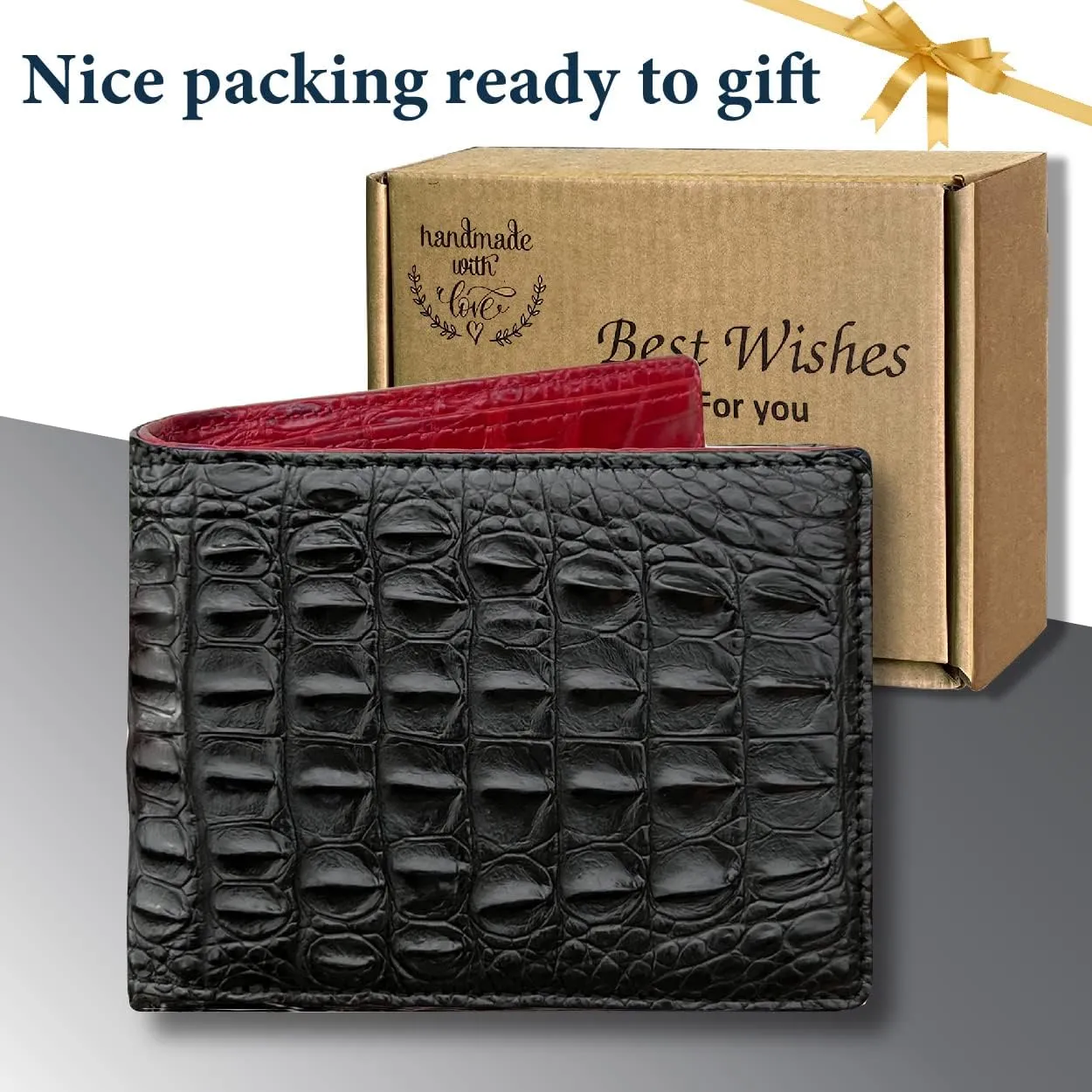 Black - Red Alligator Hornback Leather Bifold Wallet Double Side RFID Blocking Front Pocket Security Crocodile Exotic Leather Luxury Wallet With Flip-out ID Window Classic Handmade Gift Men VINAM-112