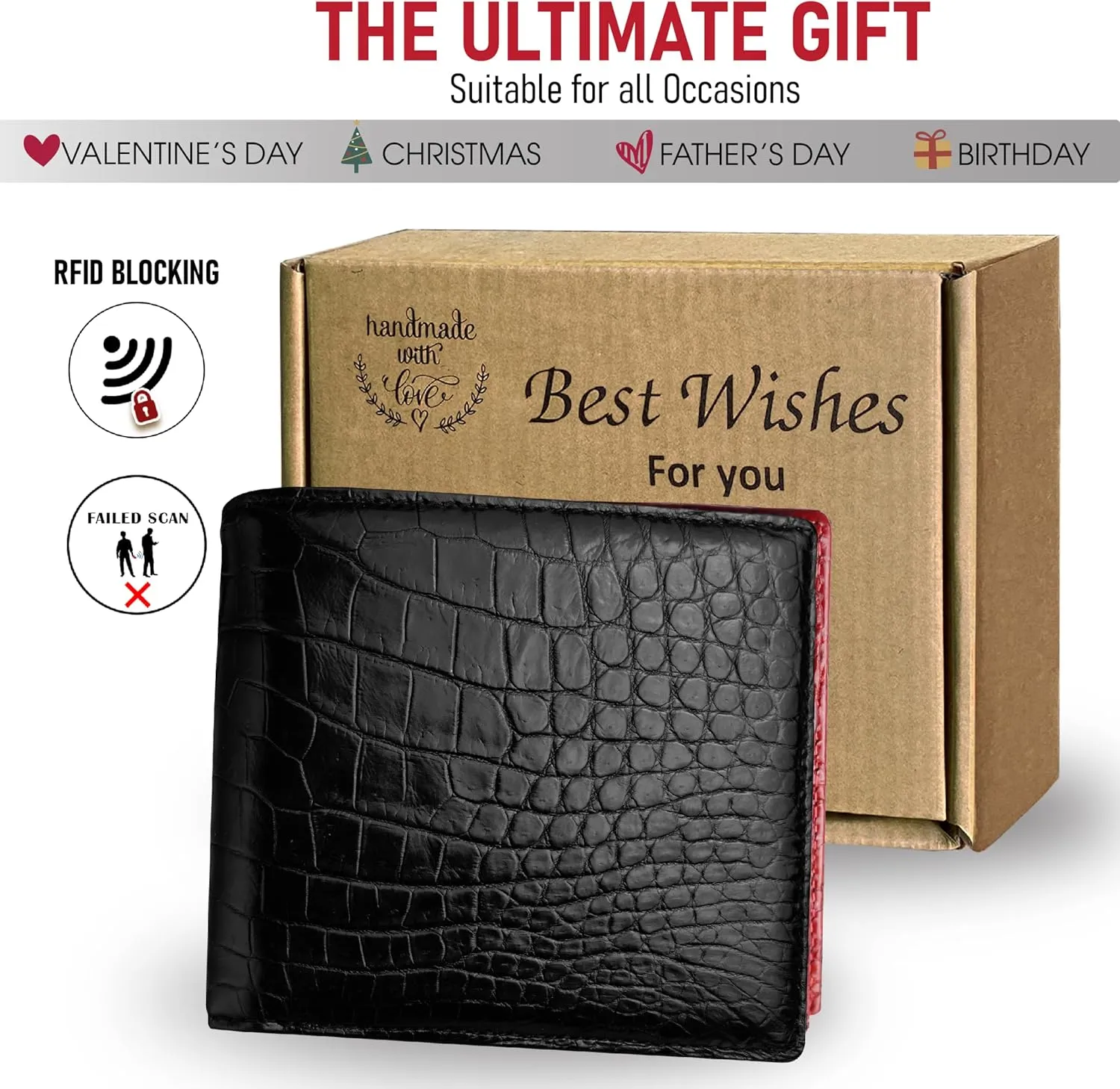 Black-Red Alligator Leather Bifold Wallet Double Side RFID Blocking Front Pocket Security Crocodile Exotic Leather Luxury Wallet With Flip-out ID Window Classic Handmade Gift For Men VILE-212